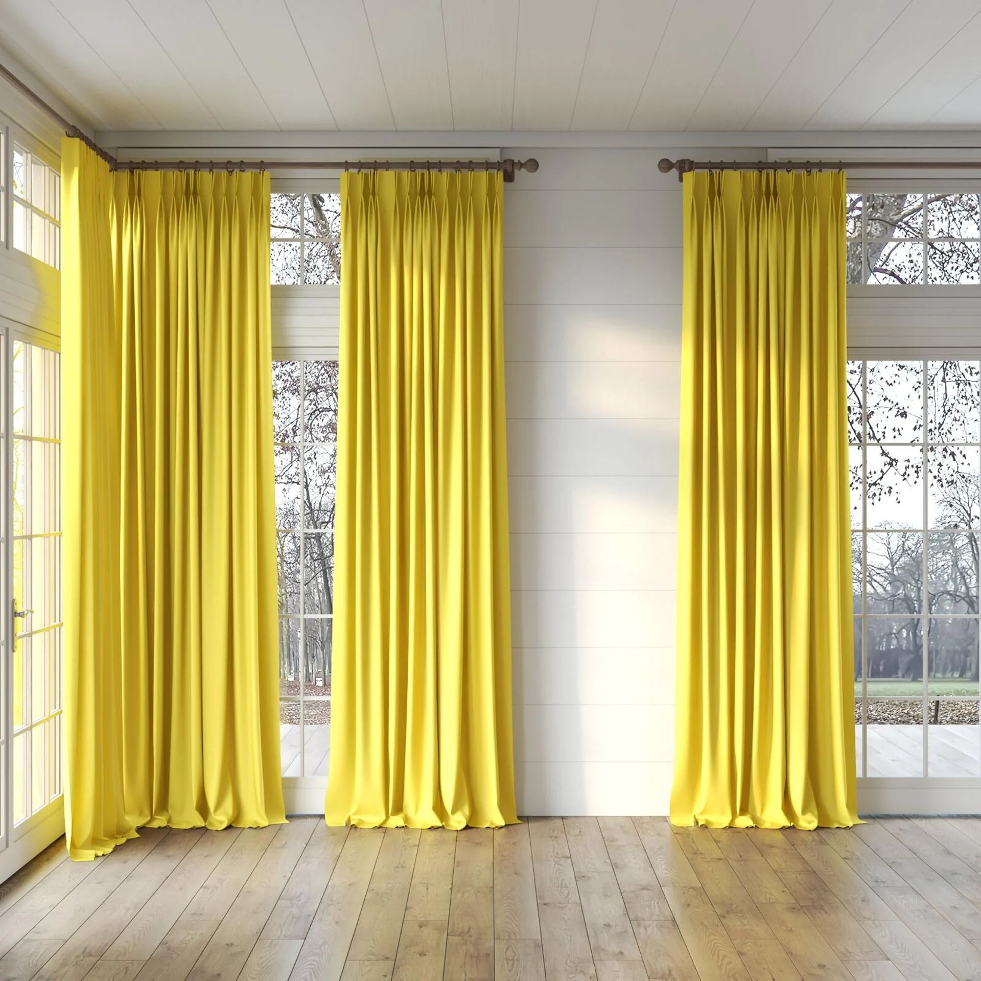 Full view of Blockbuster Buttercup, puddled, on curtain rod