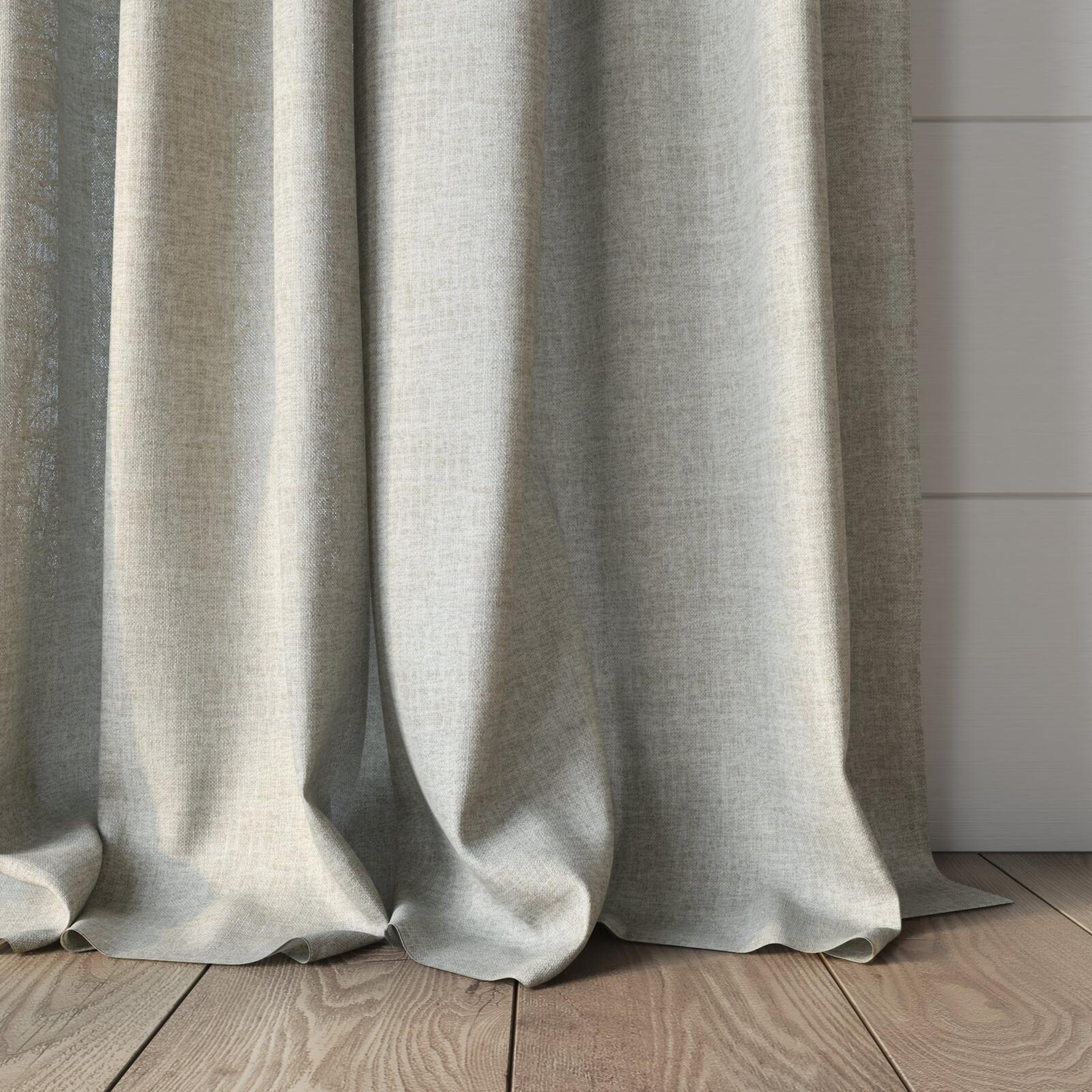 Bottom view of Motion Linen, puddled, on curtain rod