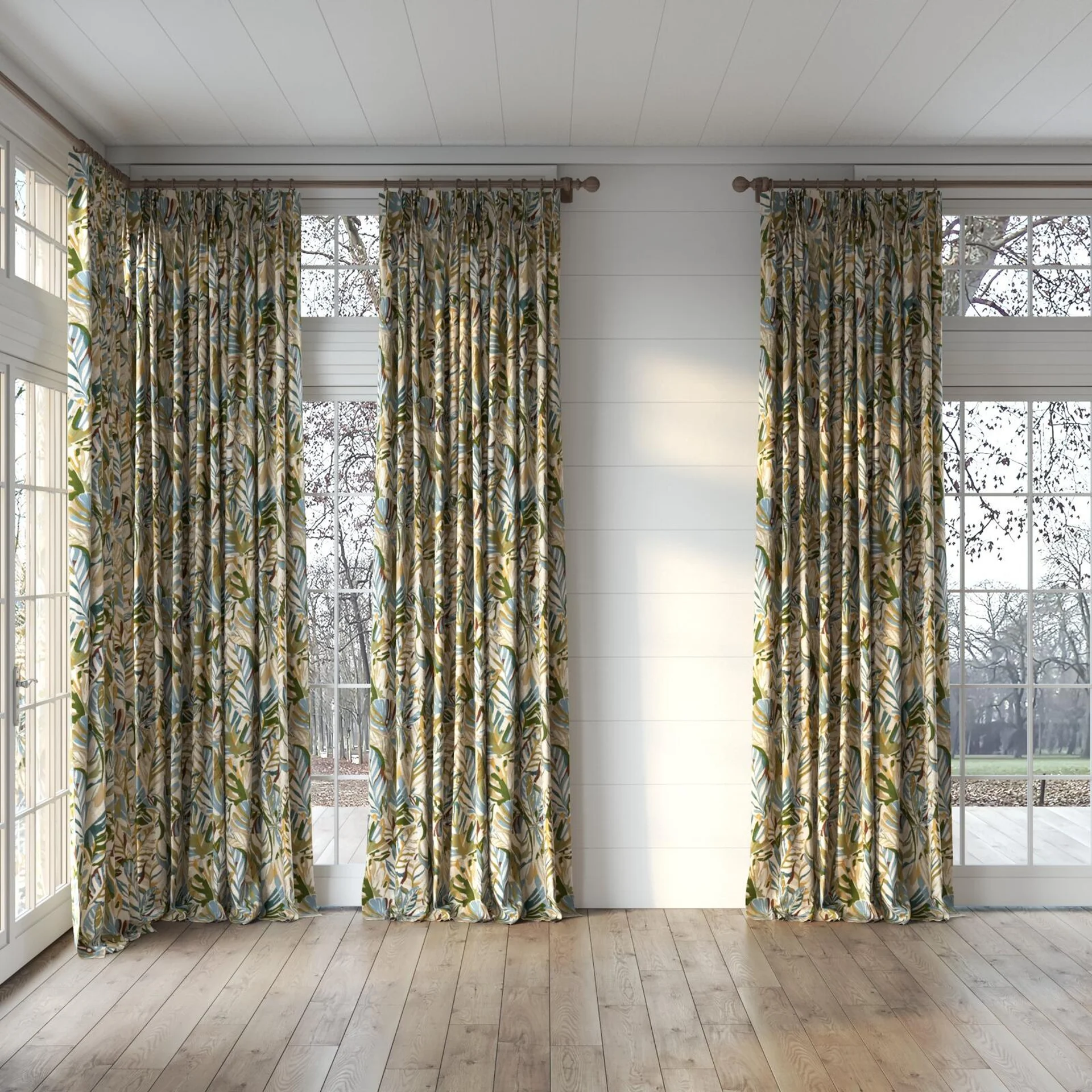 Full view of Cordia Lagoon, puddled, on curtain rod