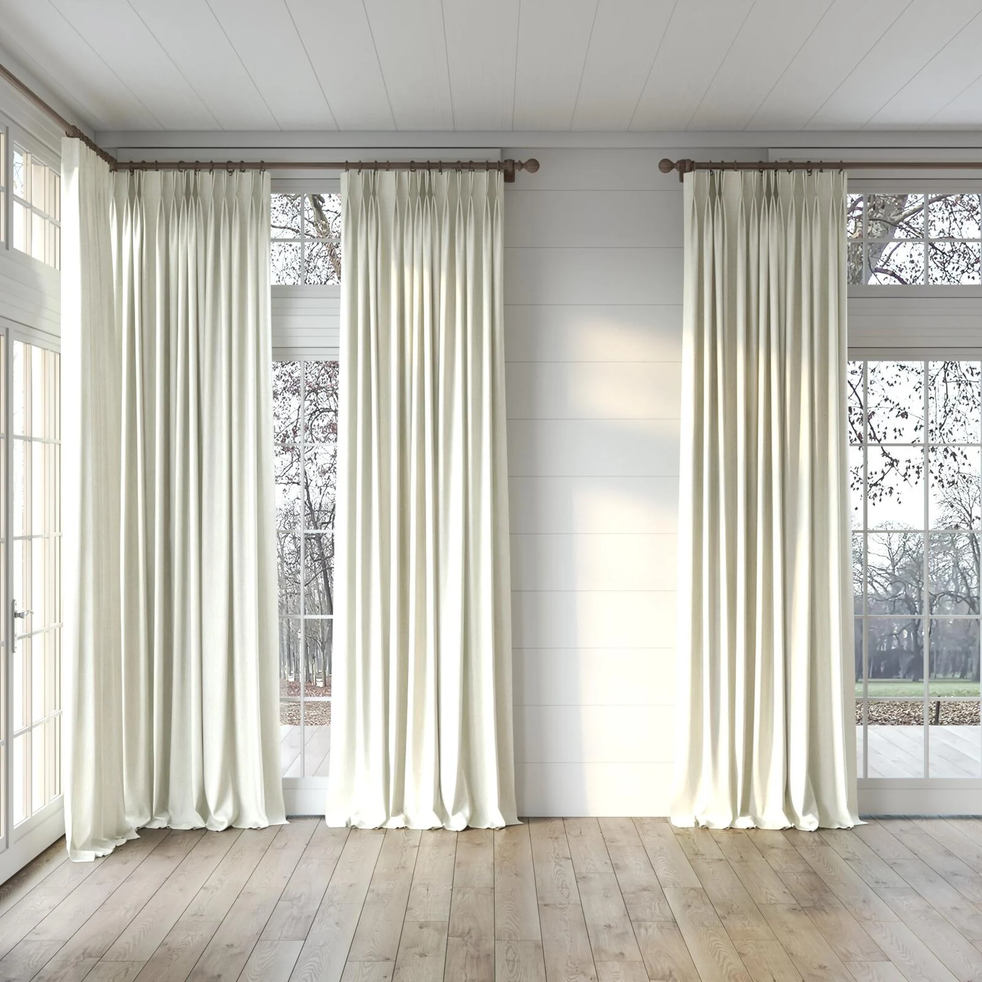 Full view of Trezor Linen, puddled, on curtain rod