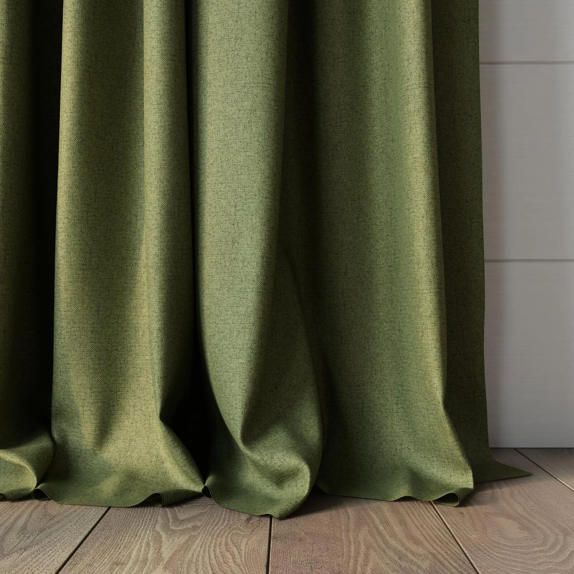 Bottom view of Liberate Emerald, puddled, on curtain rod