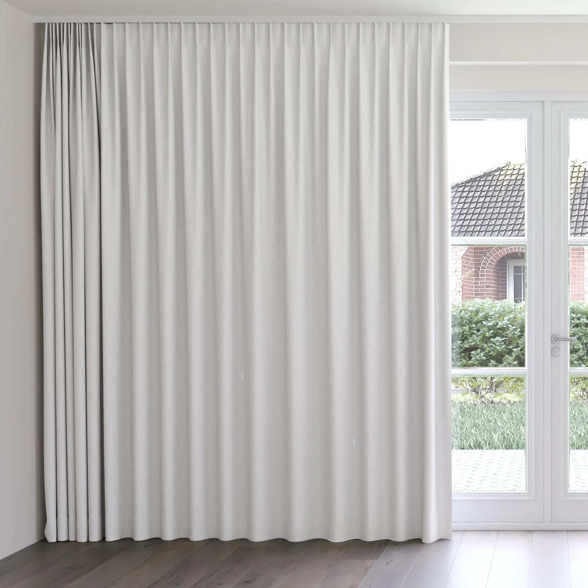 Front view of Tuxedo Cloud, on curtain rail