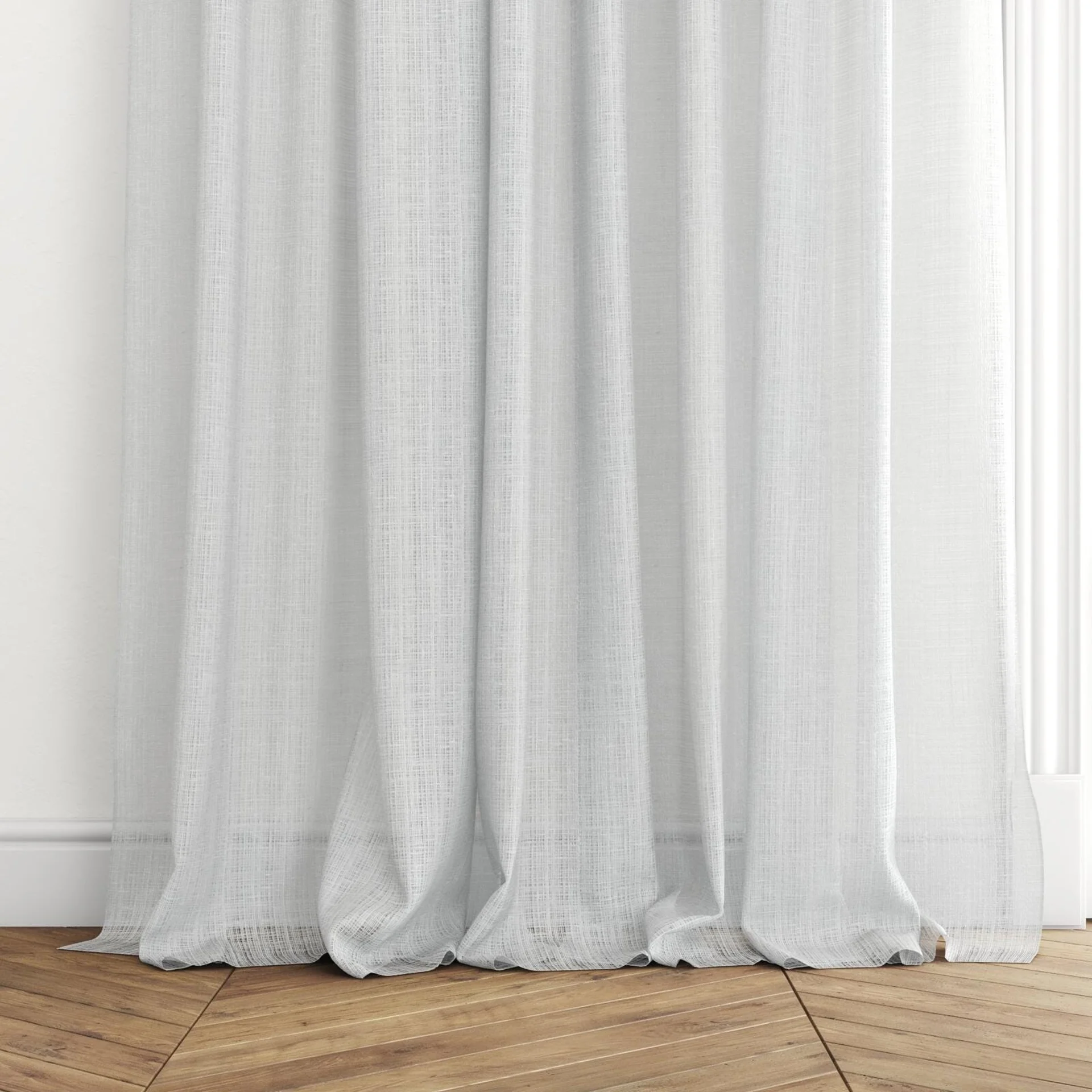 Bottom view of Scandinese Cloud, puddled with pinch pleat, on curtain rod