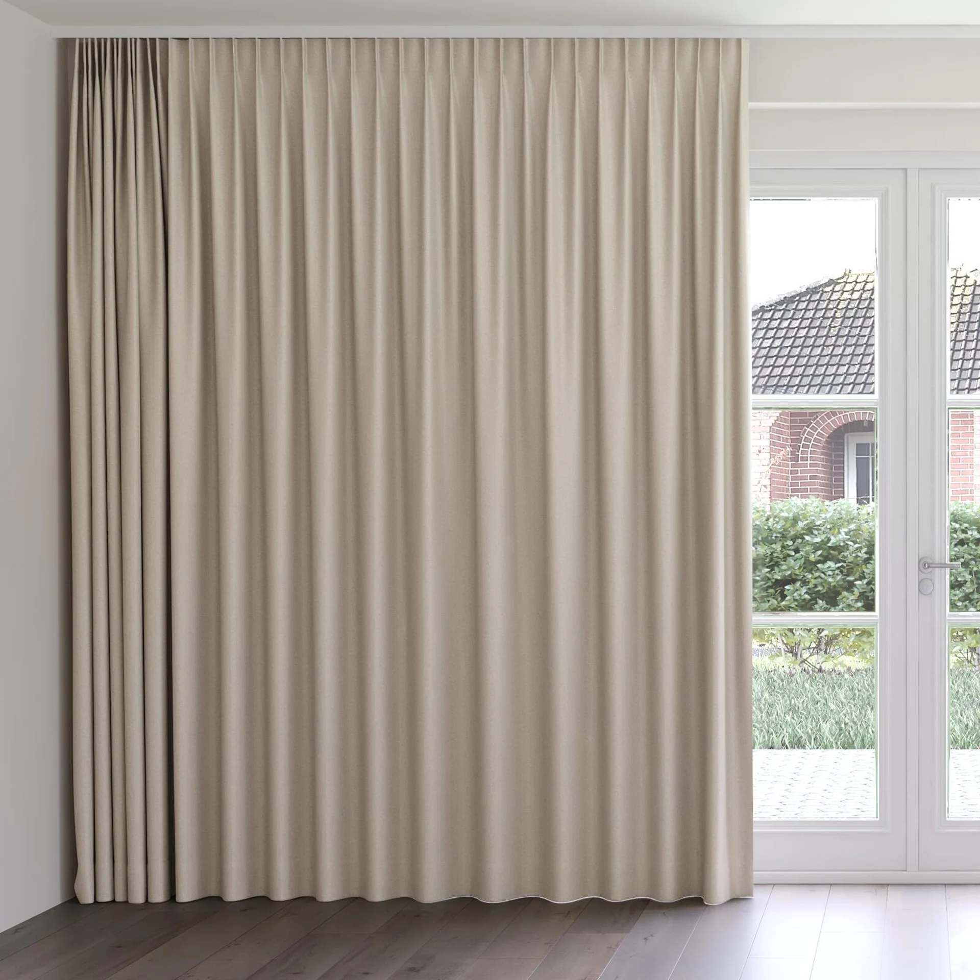 Front view of Trailblazer Raffia, on curtain rail
