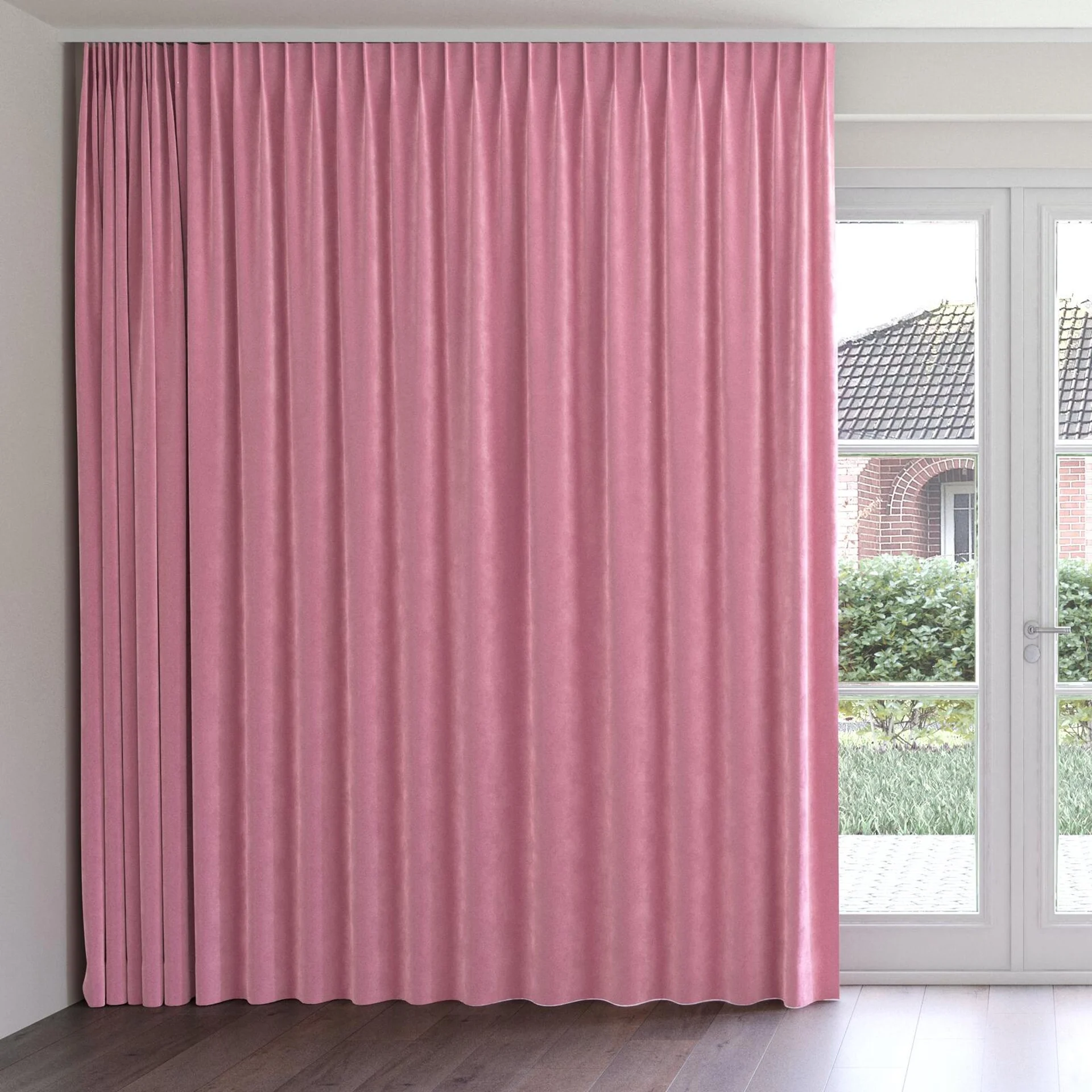 Front view of Lux Velvet Orchid 8502, on curtain rail