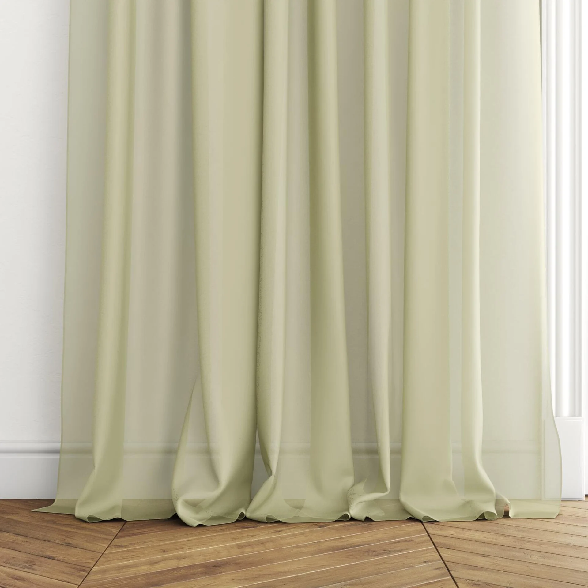 Bottom view of Zine Linden, puddled with pinch pleat, on curtain rod