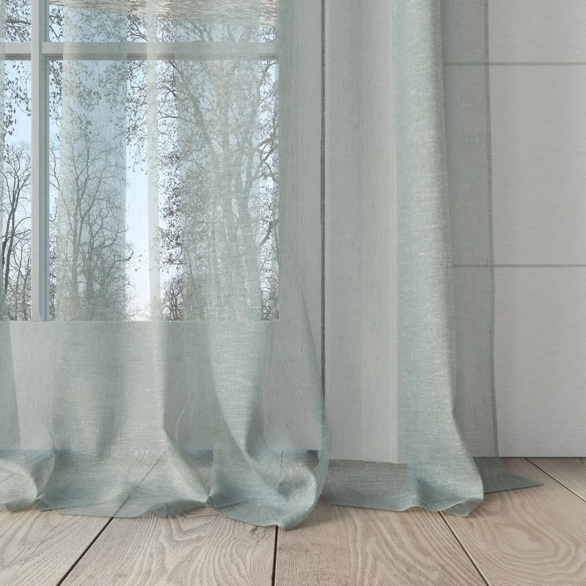 Bottom view of Rhyme Spring, puddled, on curtain rod