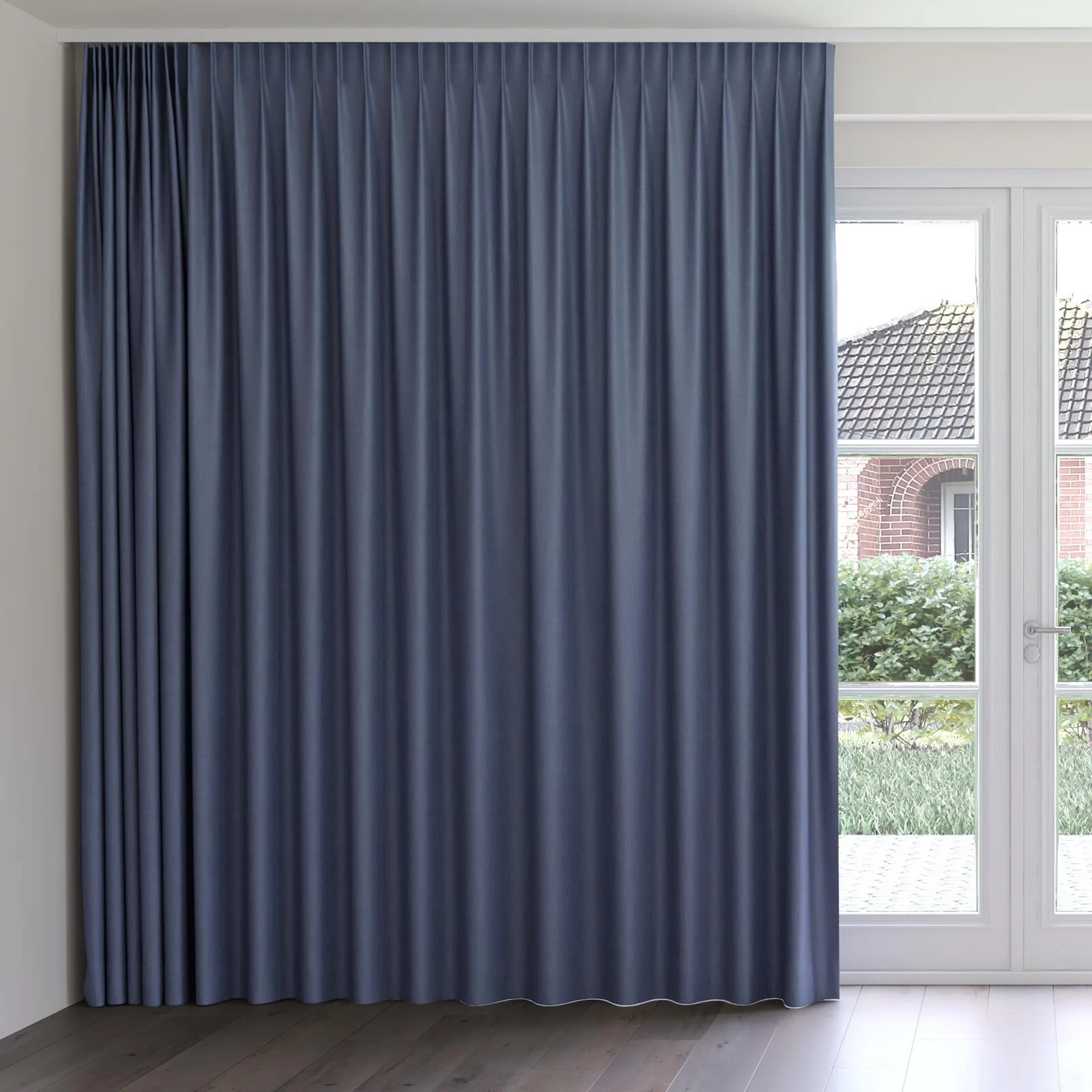 Front view of Stonewall Blackout Navy, on curtain rail