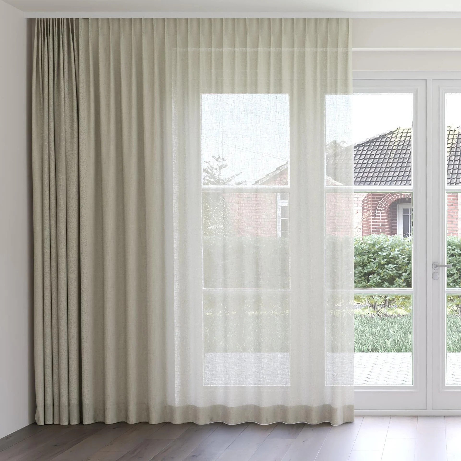 Front view of Adobe Flax, on curtain rail