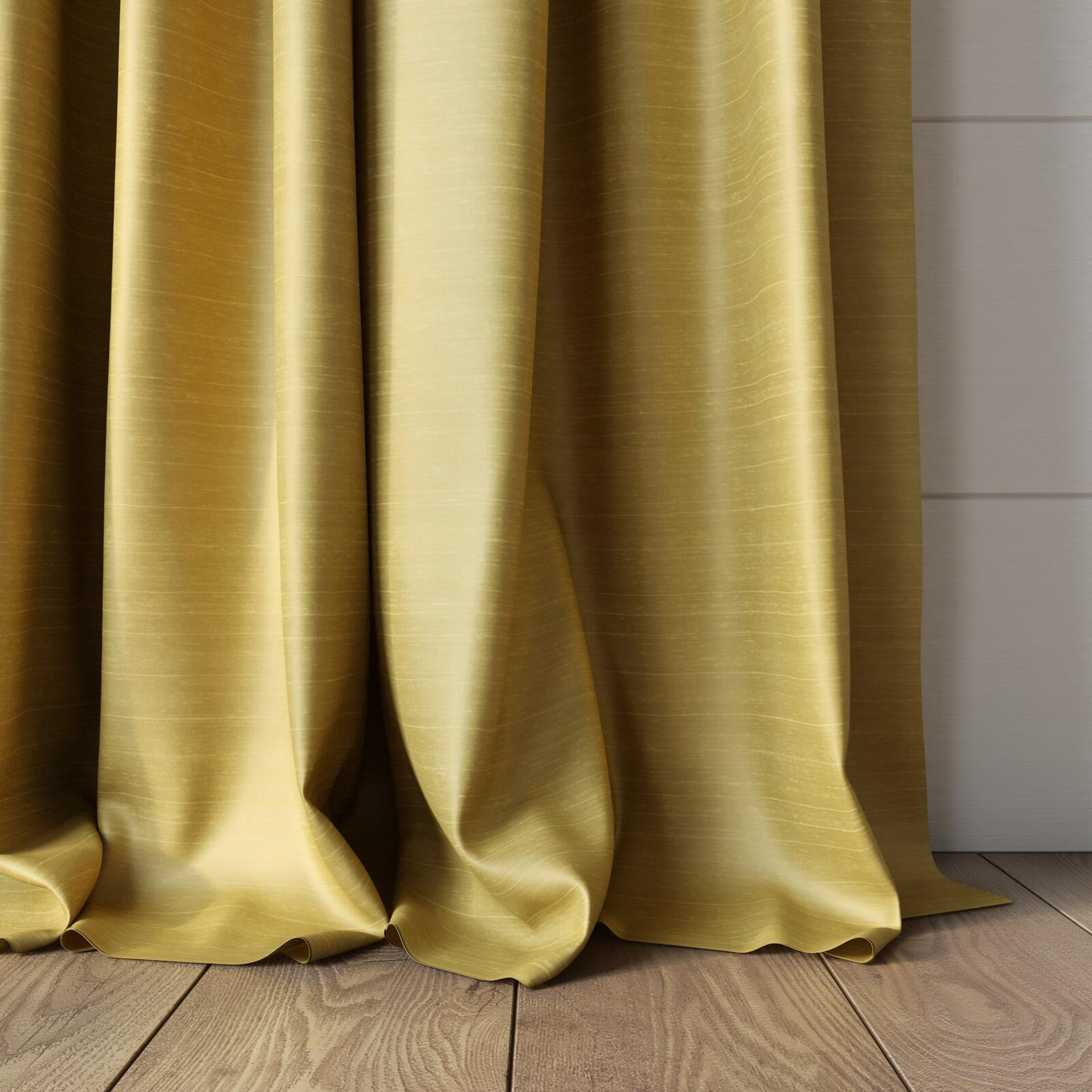 Bottom view of Silky Straw, puddled, on curtain rod