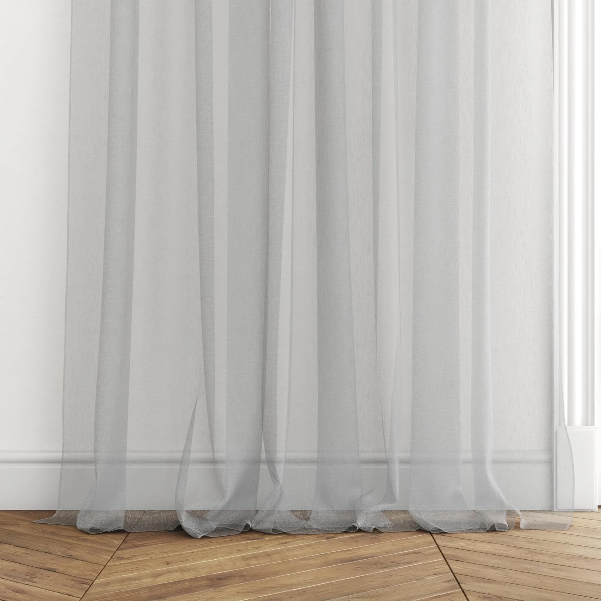 Bottom view of Makai (JDG) Silver, puddled with pinch pleat, on curtain rod