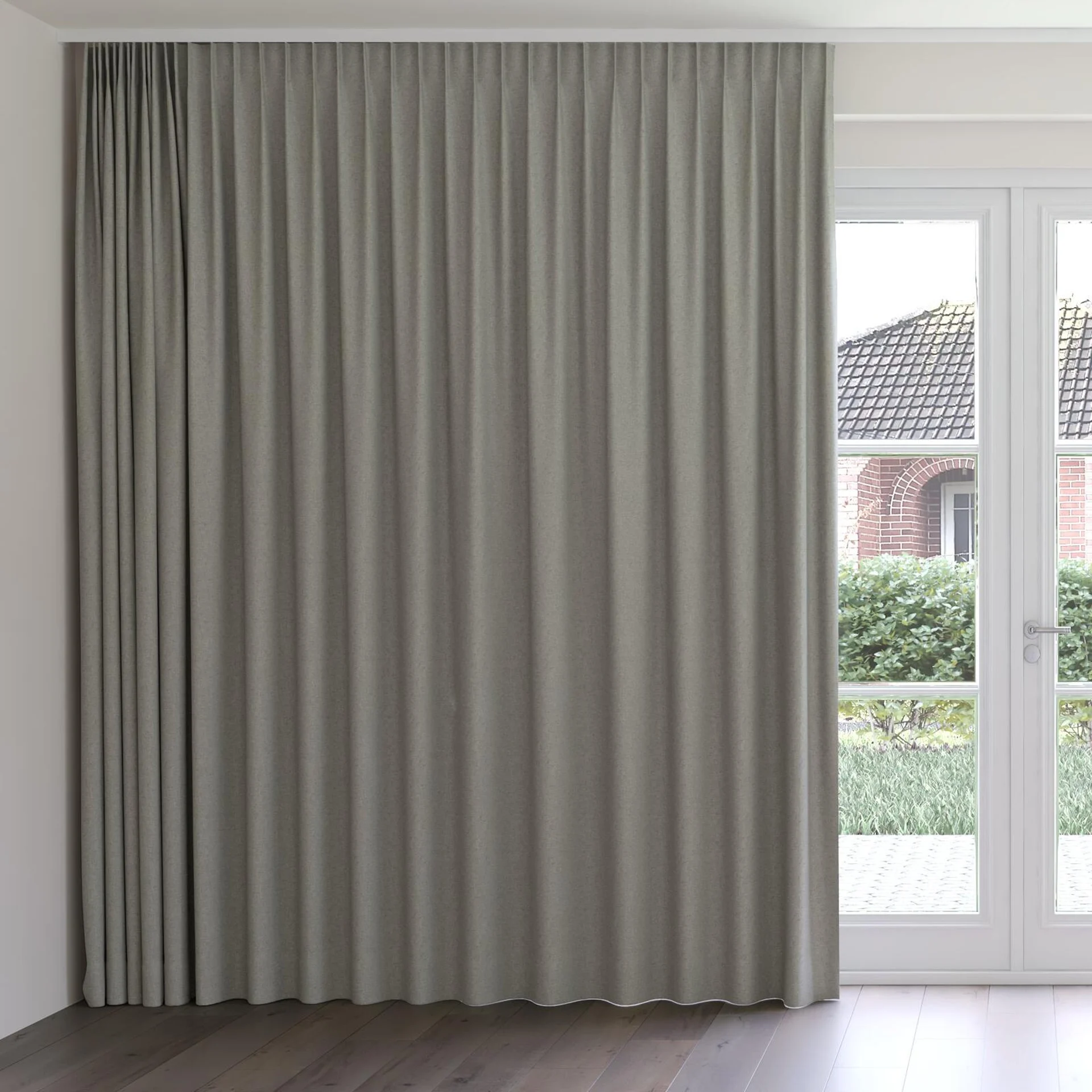 Front view of Retreat II Blue Charcoal, on curtain rail