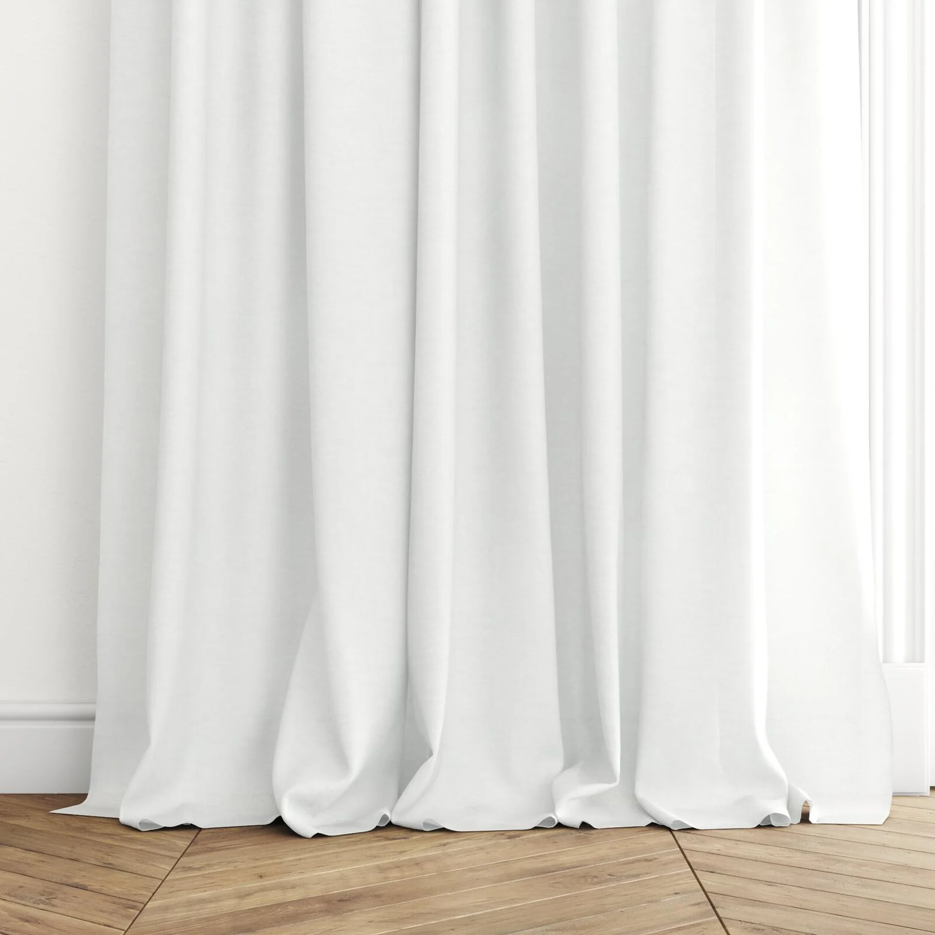 Bottom view of Arcadia Wool, puddled with pinch pleat, on curtain rod