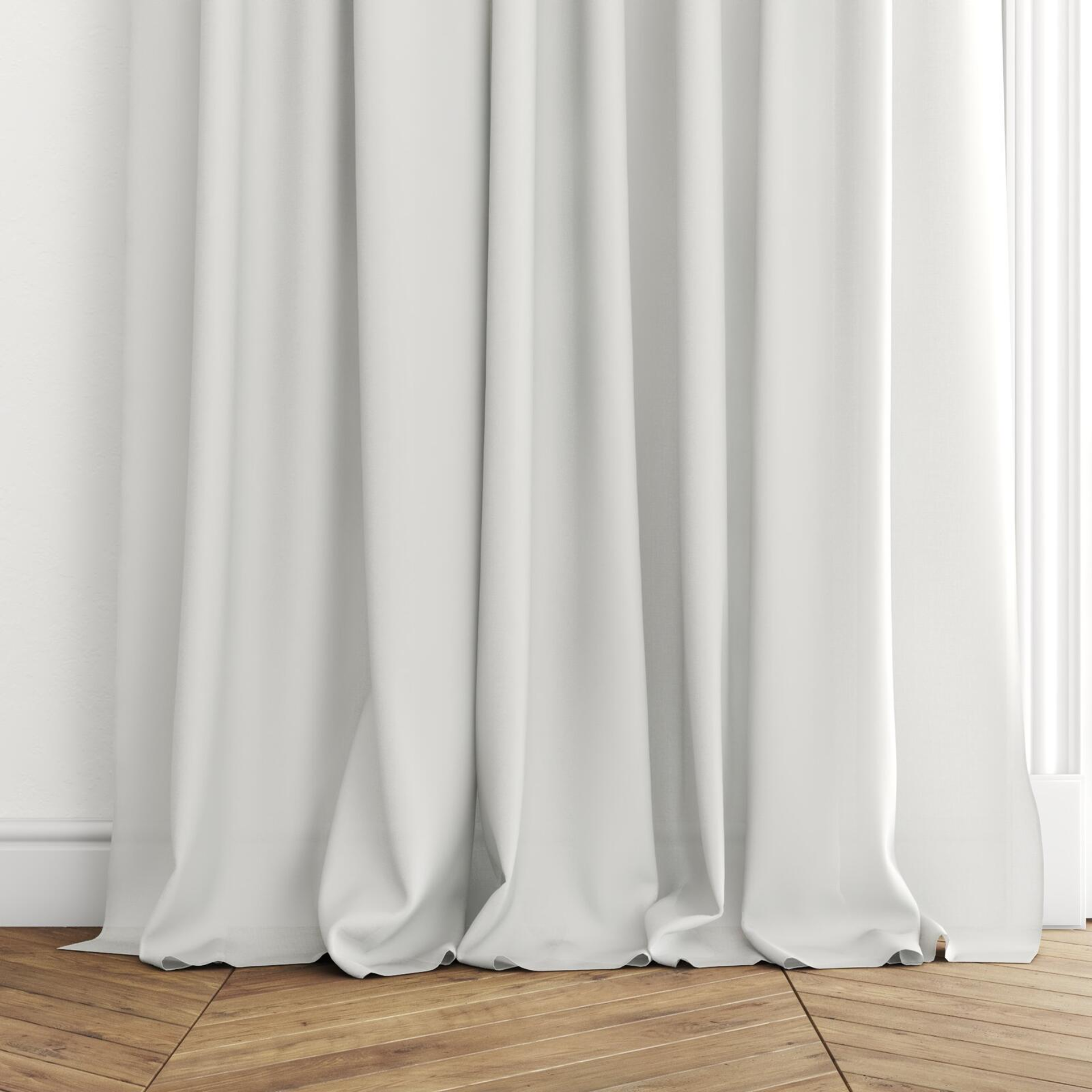 Bottom view of Sunlight Linen, puddled with pinch pleat, on curtain rod