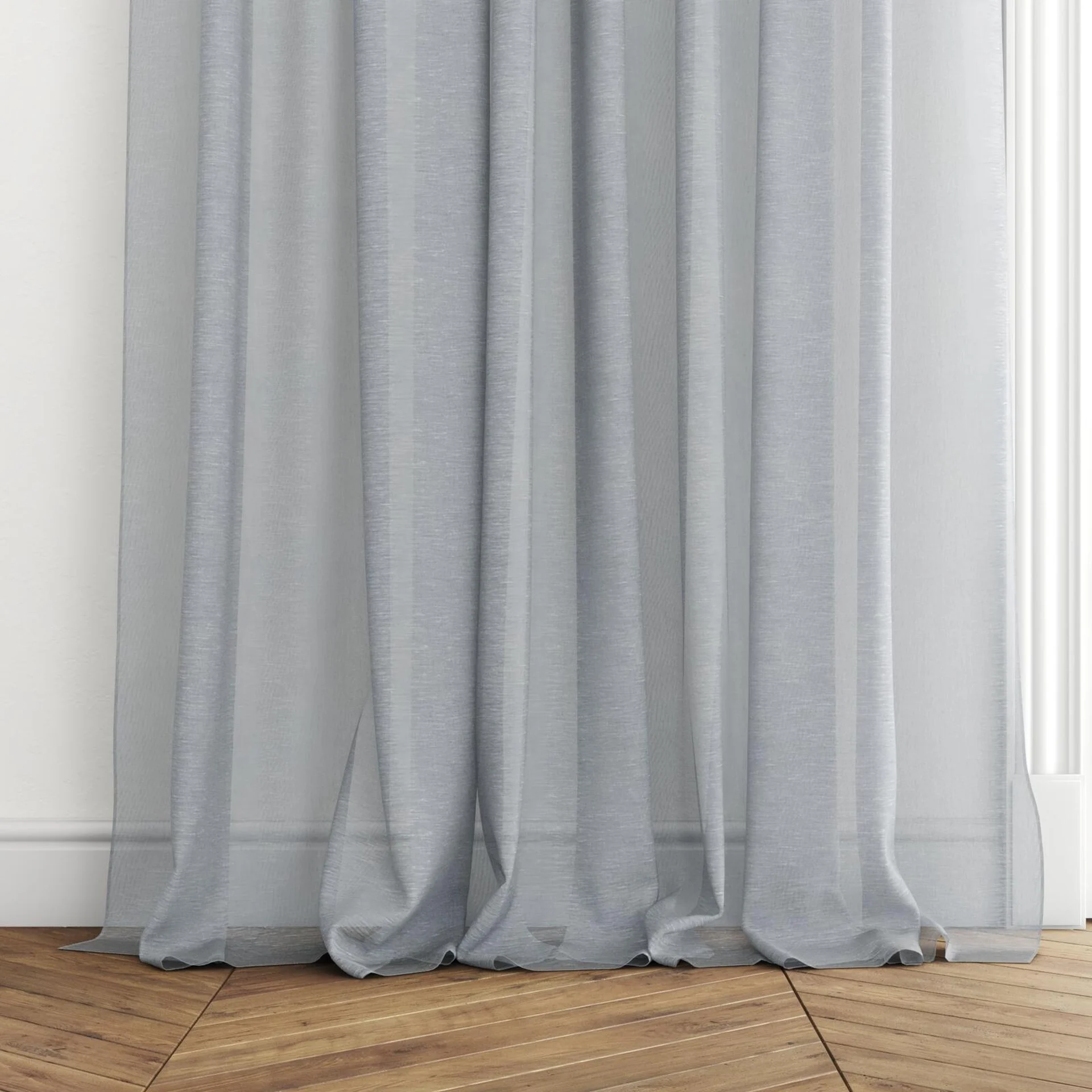 Bottom view of Locomotion Horizon, puddled with pinch pleat, on curtain rod