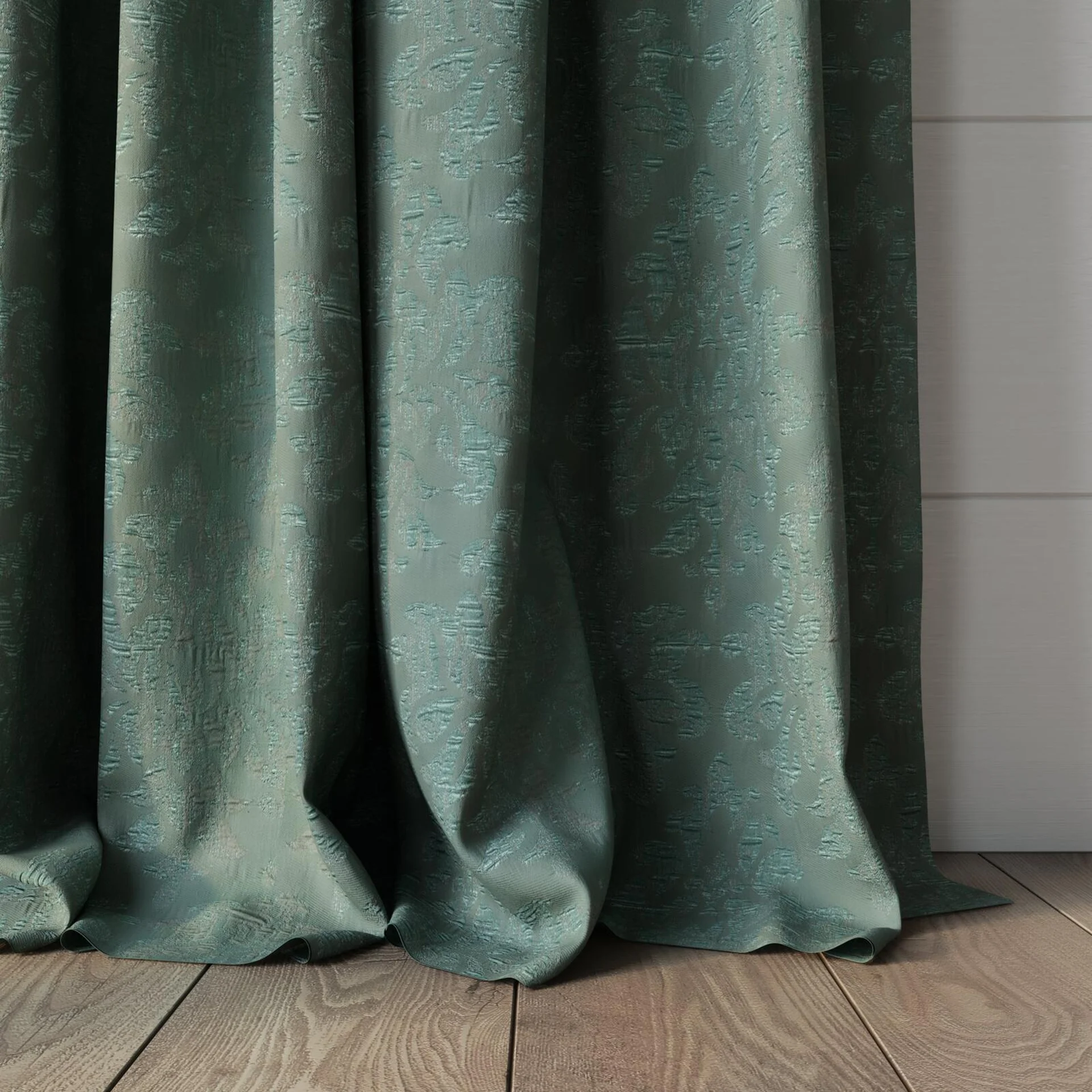 Bottom view of Objet Teal, puddled, on curtain rod