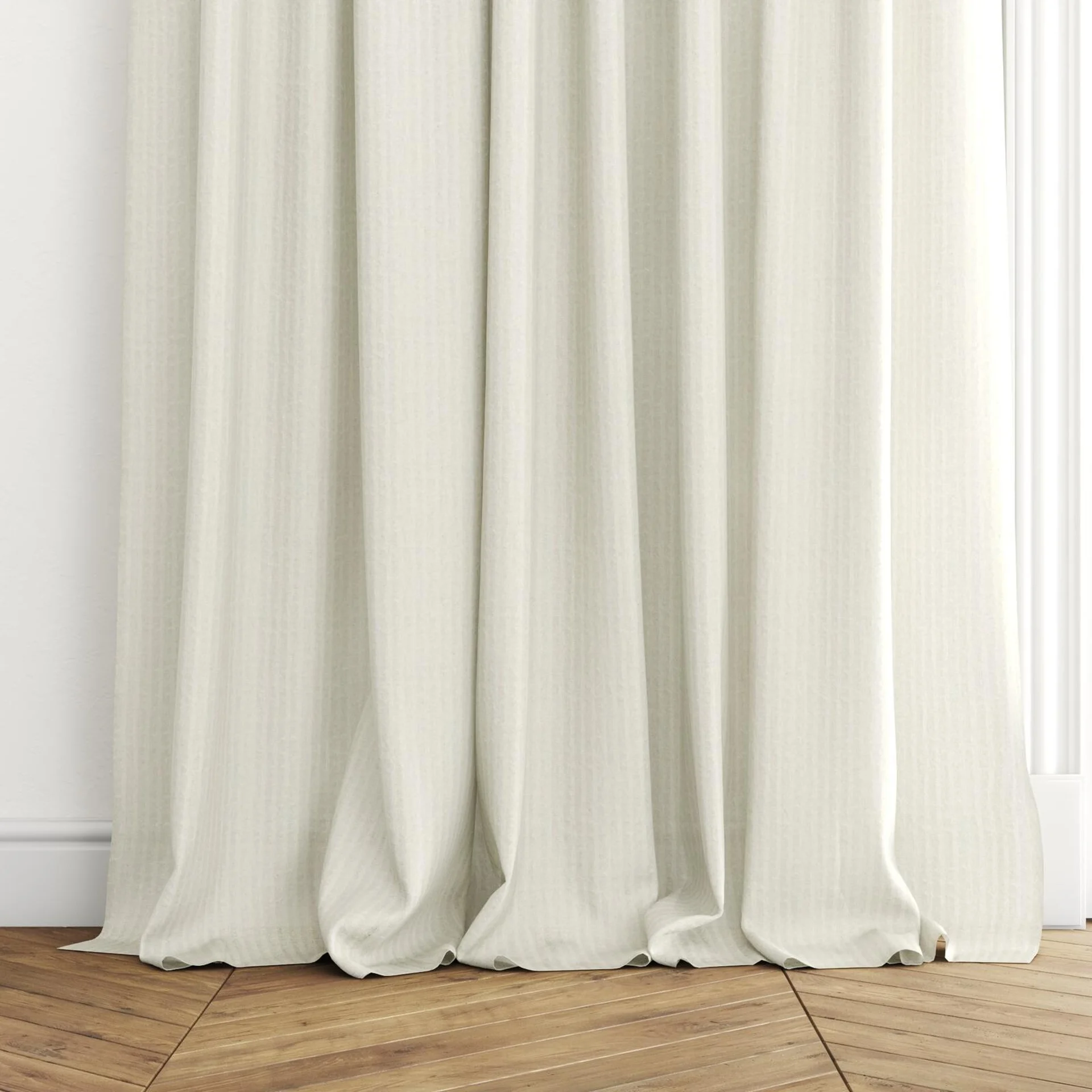 Bottom view of Appreciate Crushed Linen, puddled with pinch pleat, on curtain rod