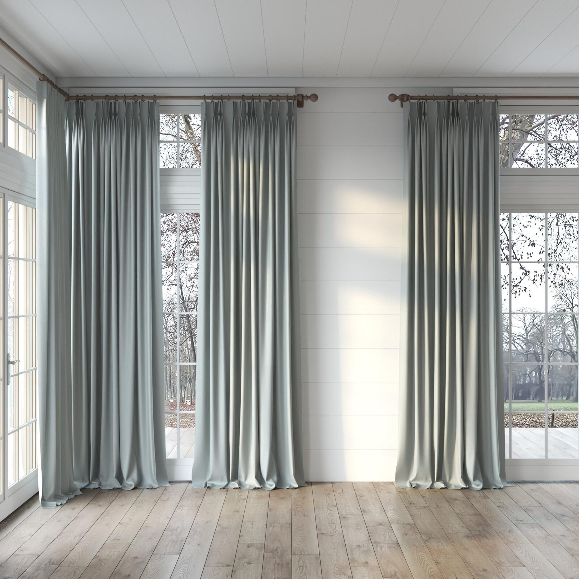 Full view of Infinite Seafoam, puddled, on curtain rod