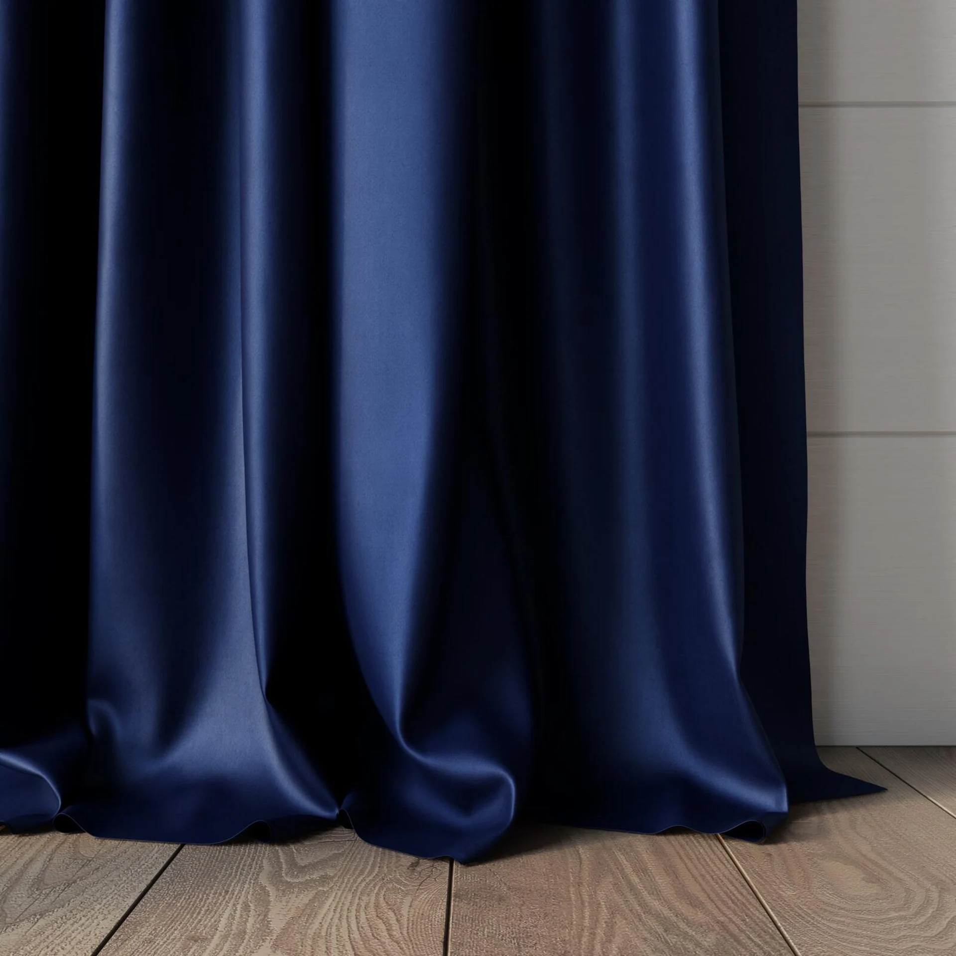Bottom view of Warlock Navy, puddled, on curtain rod