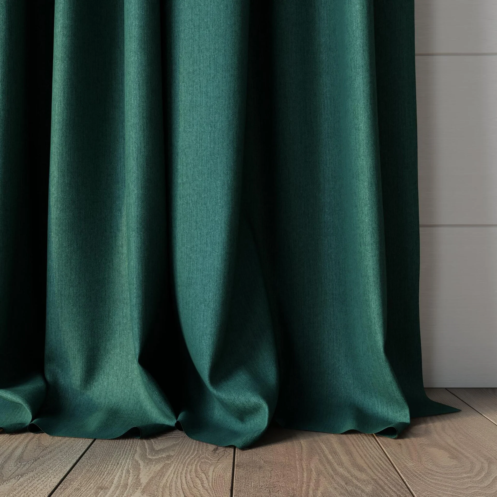 Bottom view of Cushy Emerald, puddled, on curtain rod