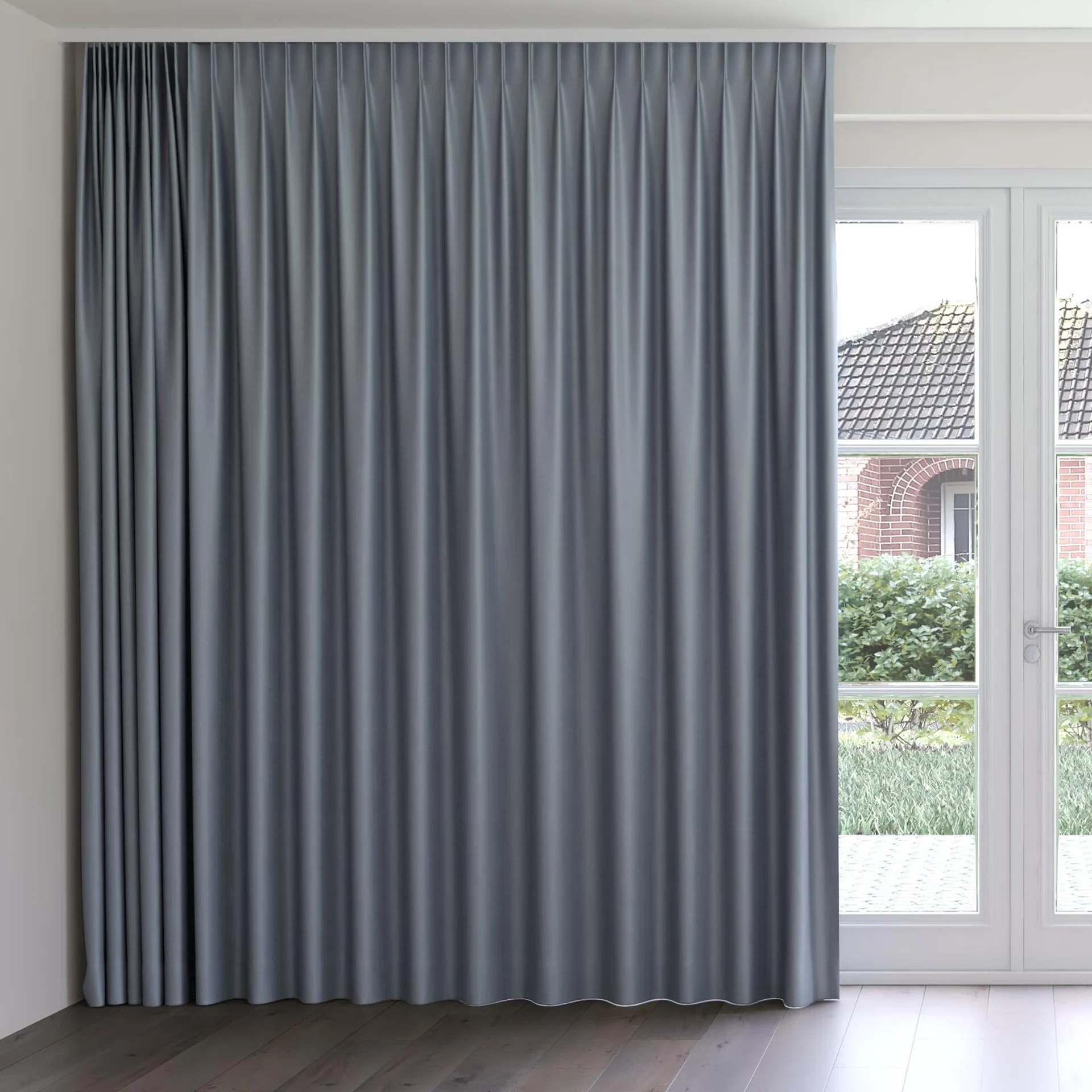 Front view of Stellar Blackout Charcoal, on curtain rail