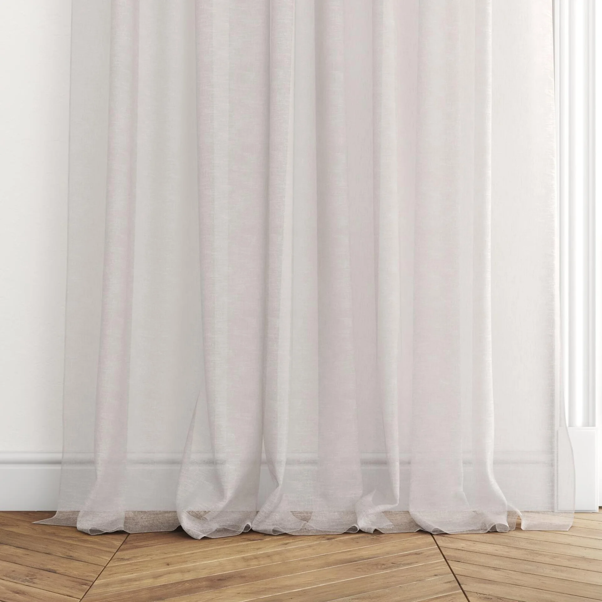 Bottom view of Seaview Blush, puddled with pinch pleat, on curtain rod