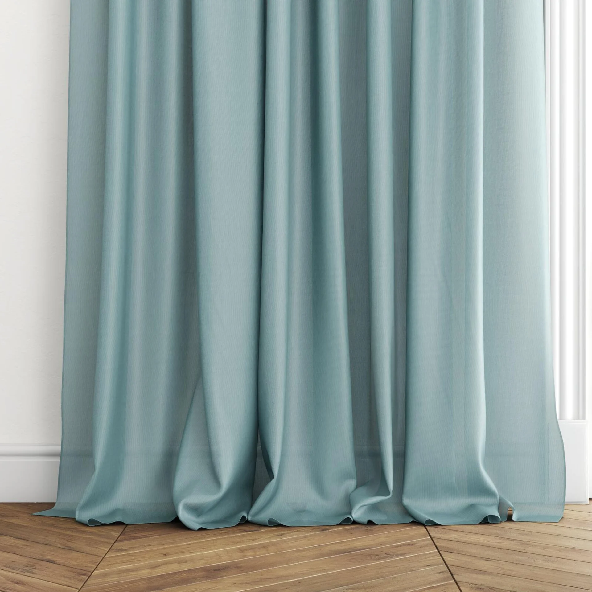 Bottom view of Jaba Scuba, puddled with pinch pleat, on curtain rod