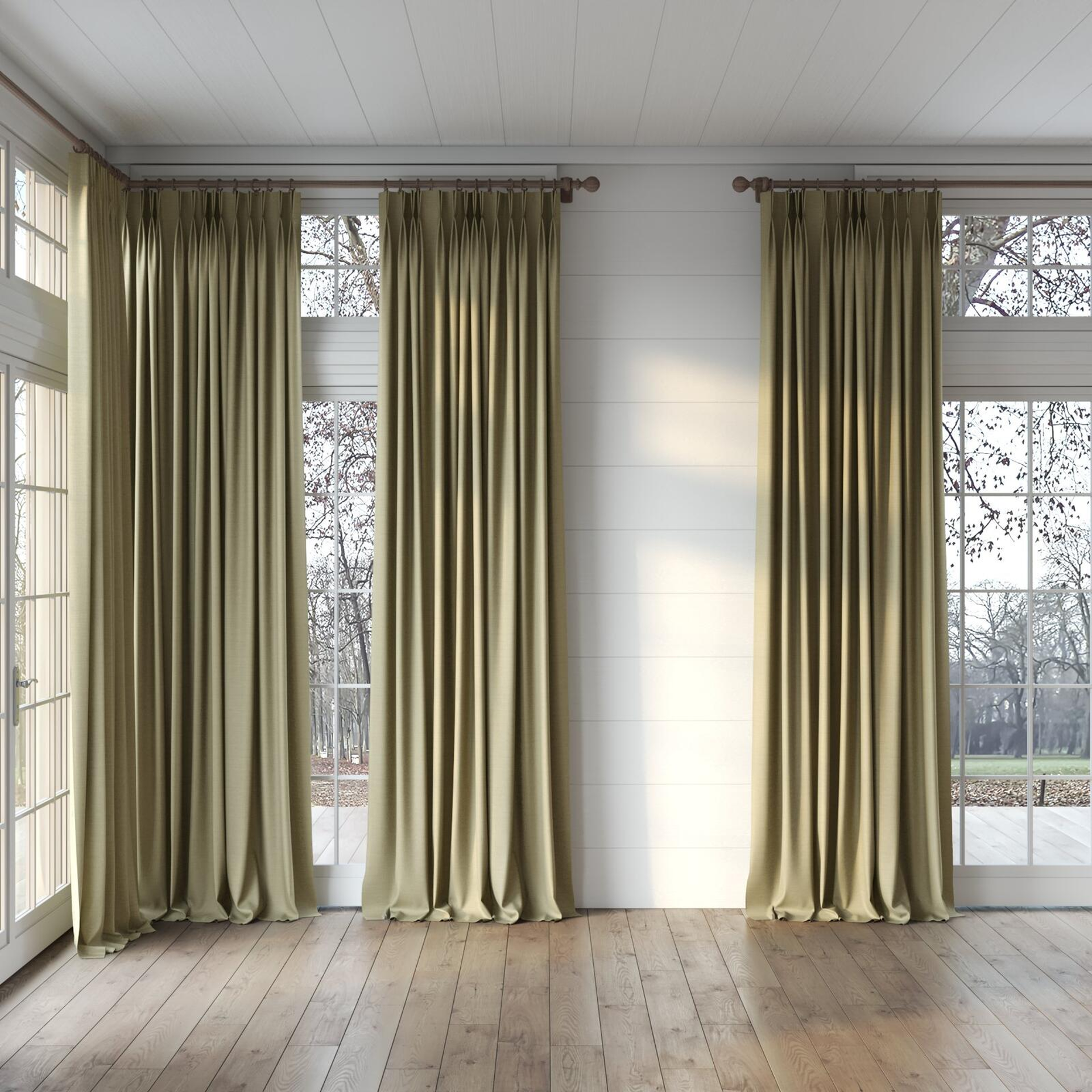 Full view of Linex Taupe, puddled, on curtain rod