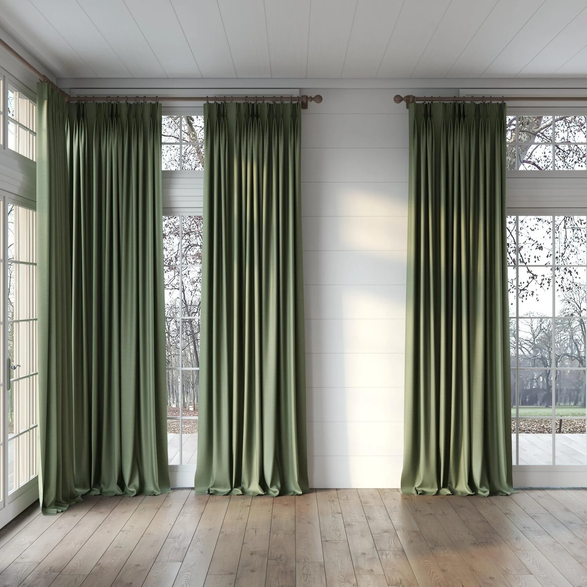 Full view of Linex Olive, puddled, on curtain rod