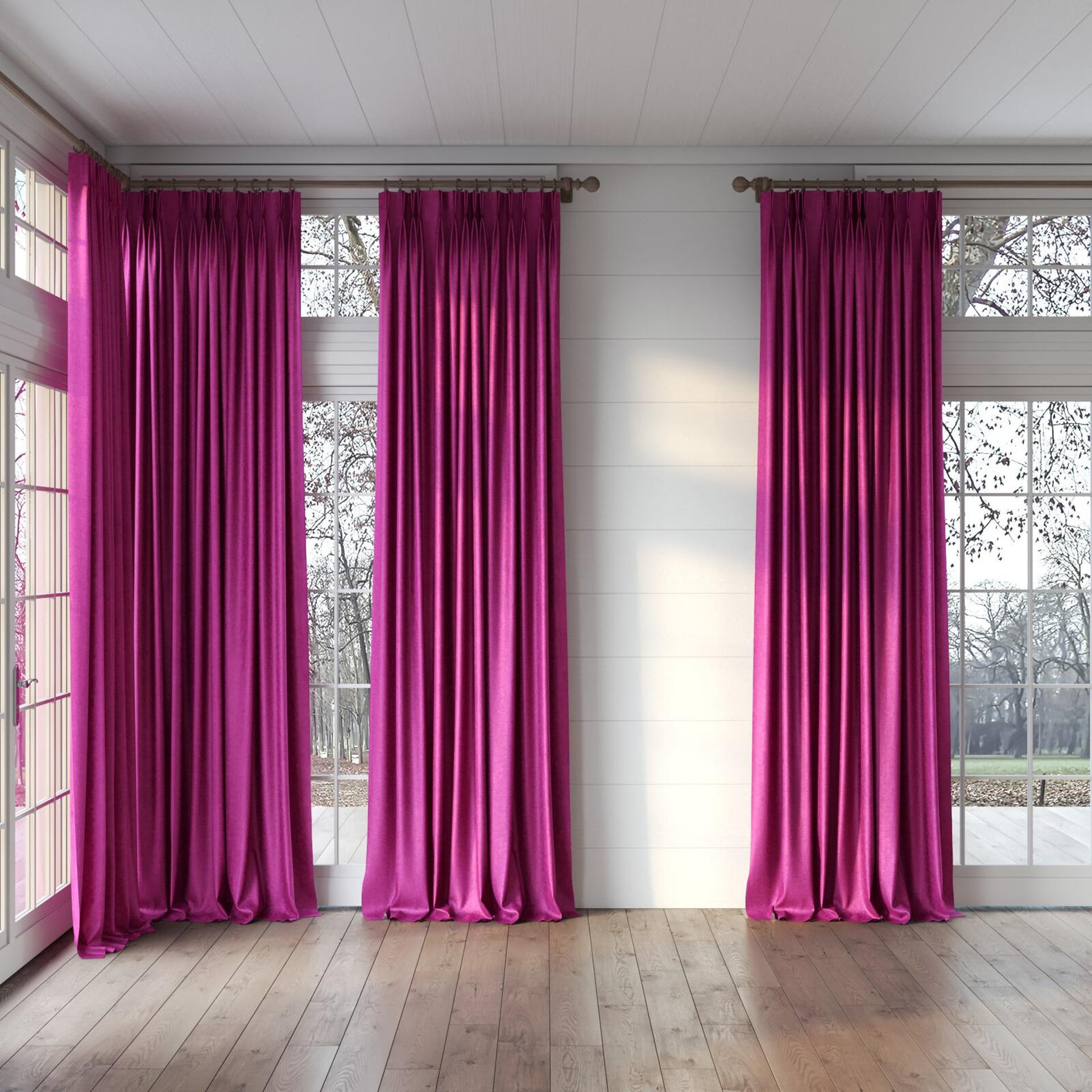 Full view of Hug Fuschia, puddled, on curtain rod