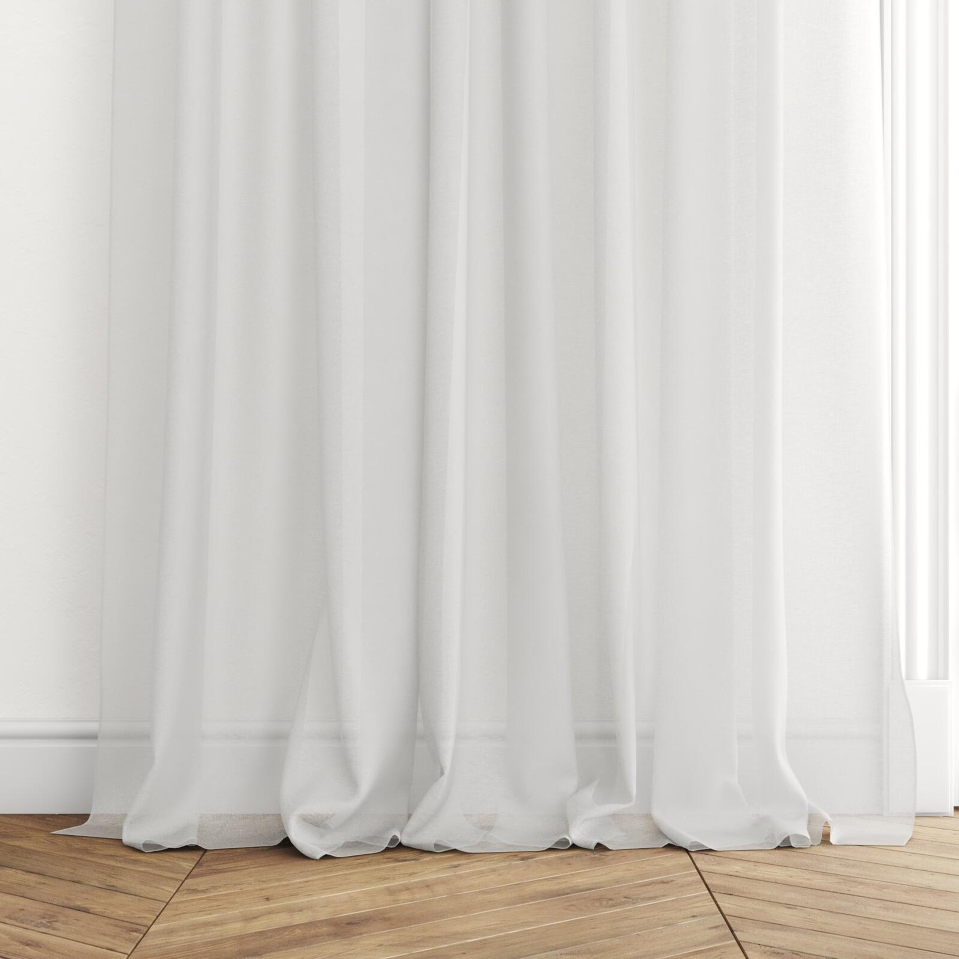 Bottom view of Wategos Salt, puddled with pinch pleat, on curtain rod