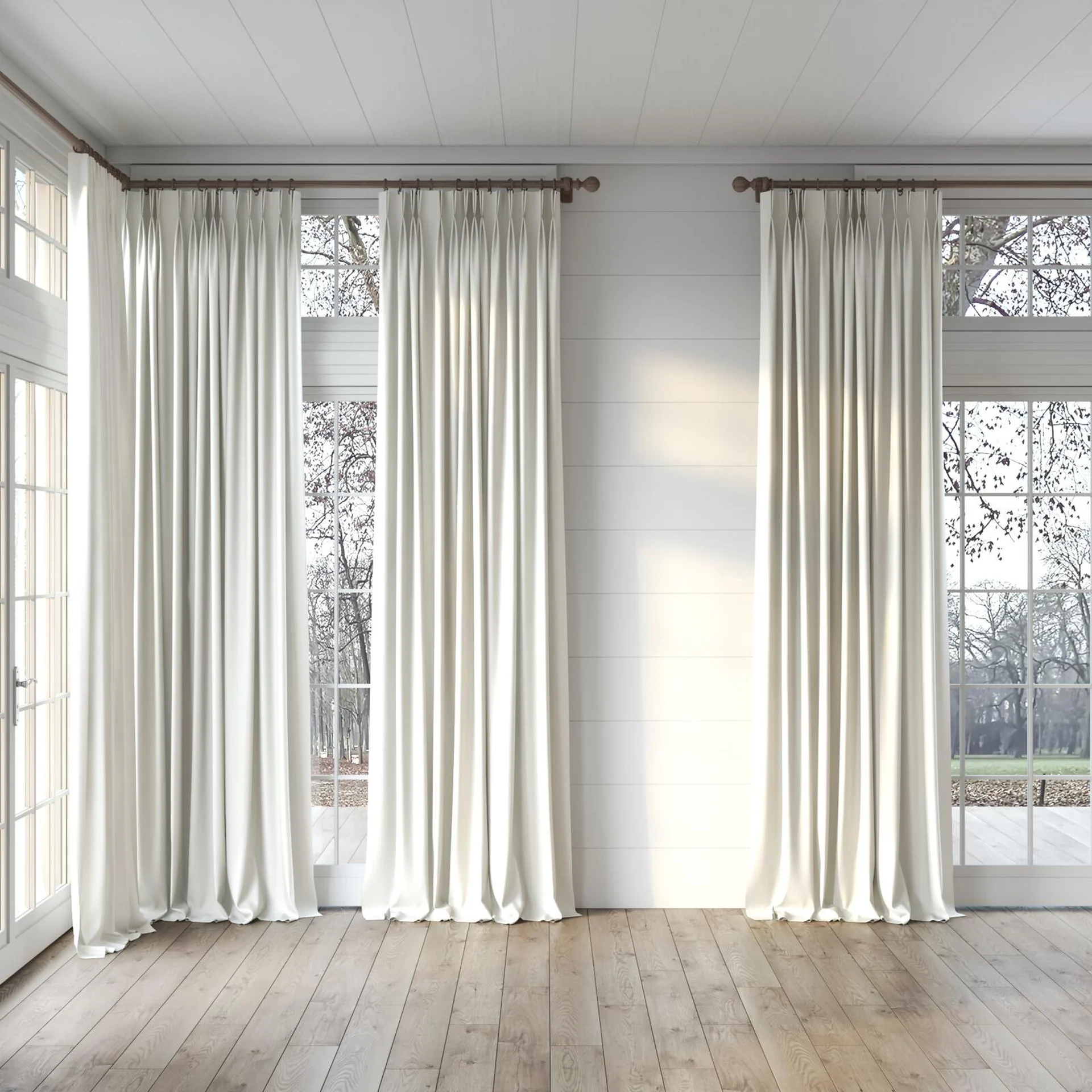 Full view of Rewind Cream, puddled, on curtain rod