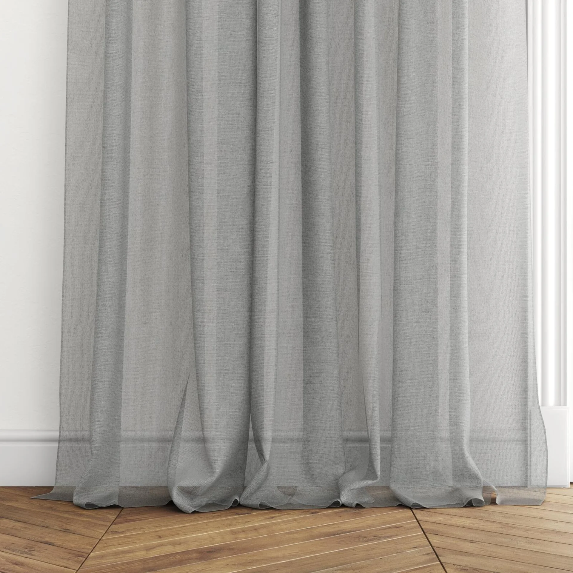 Bottom view of Realism Silver, puddled with pinch pleat, on curtain rod