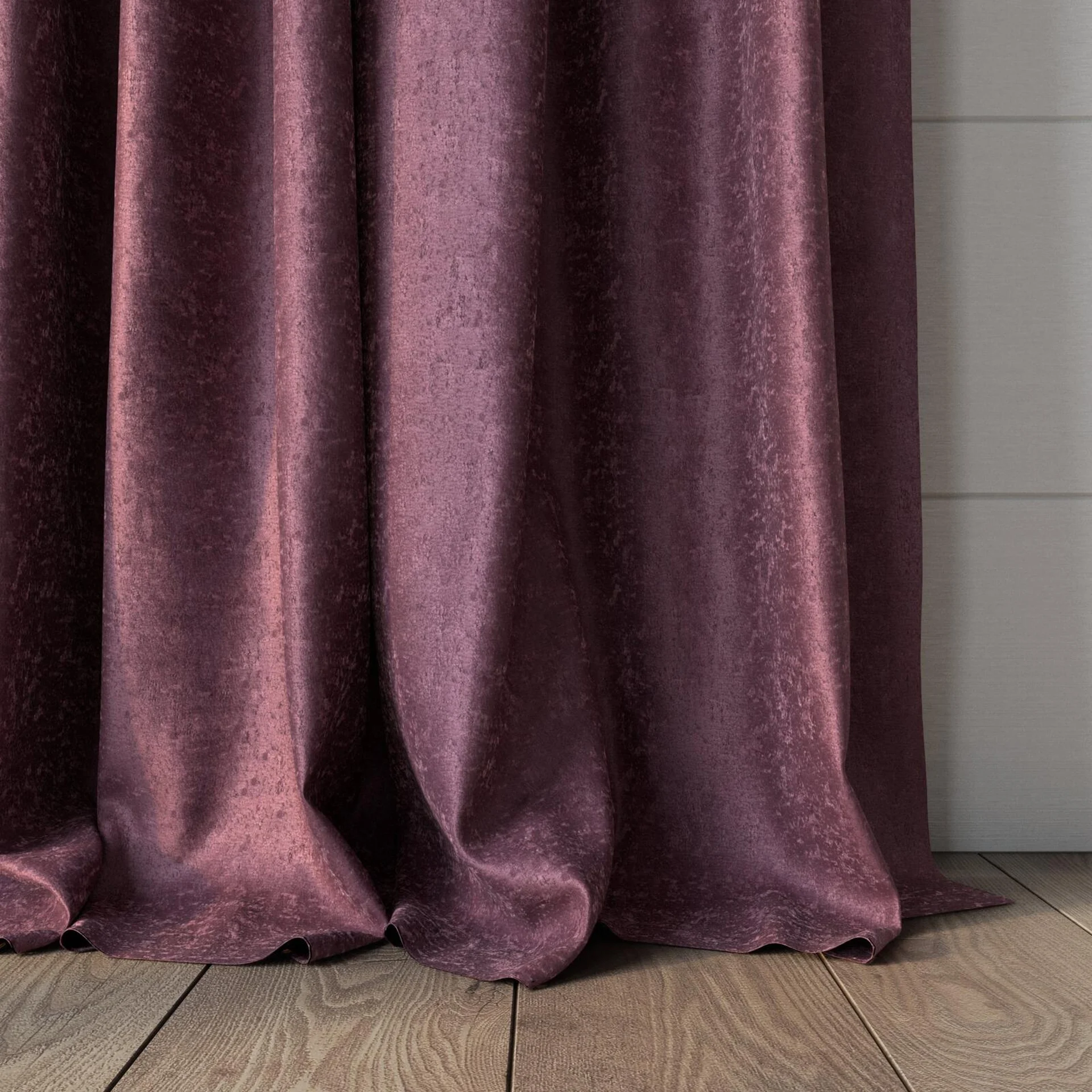 Bottom view of Brigadier Plum, puddled, on curtain rod