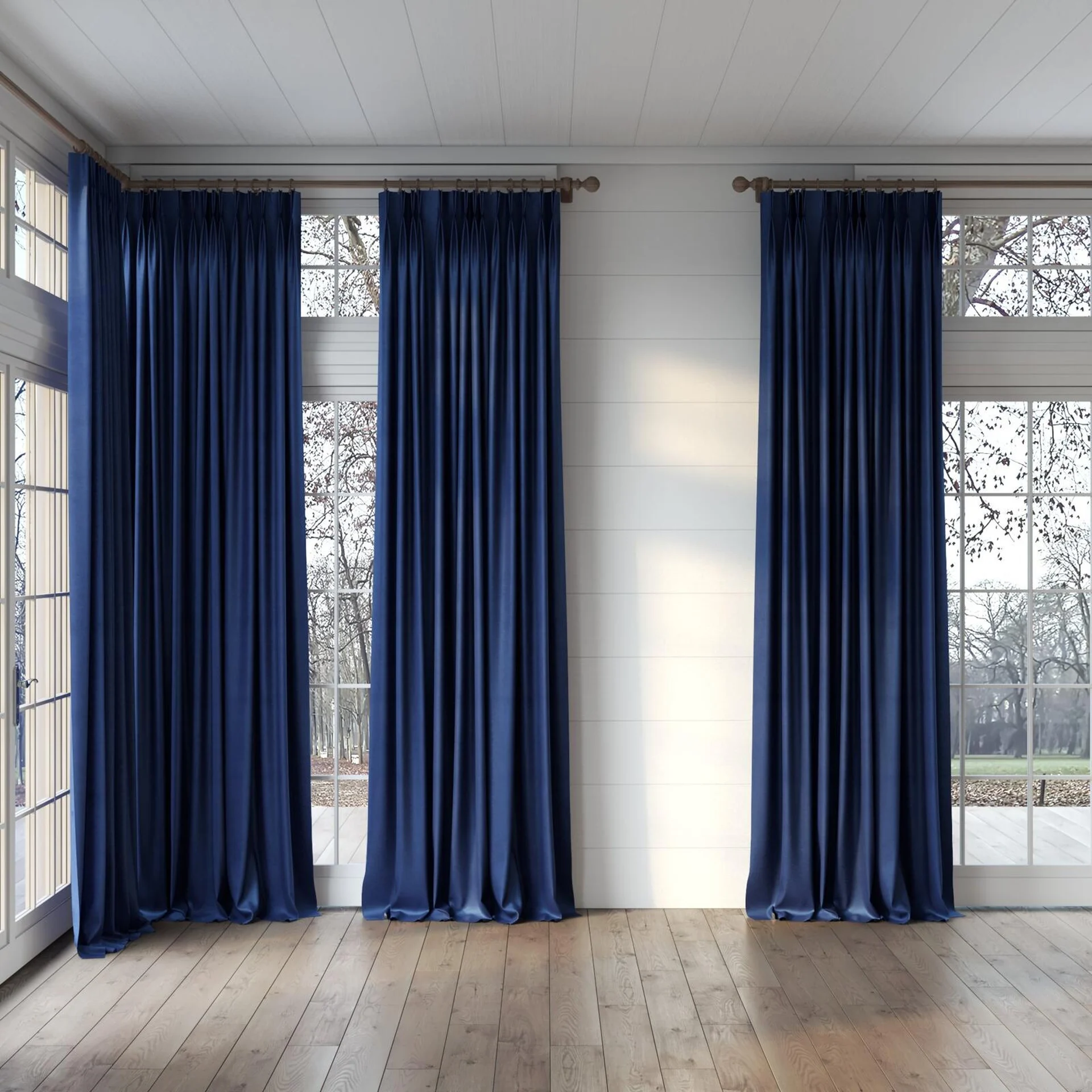 Full view of Baron Cobalt, puddled, on curtain rod