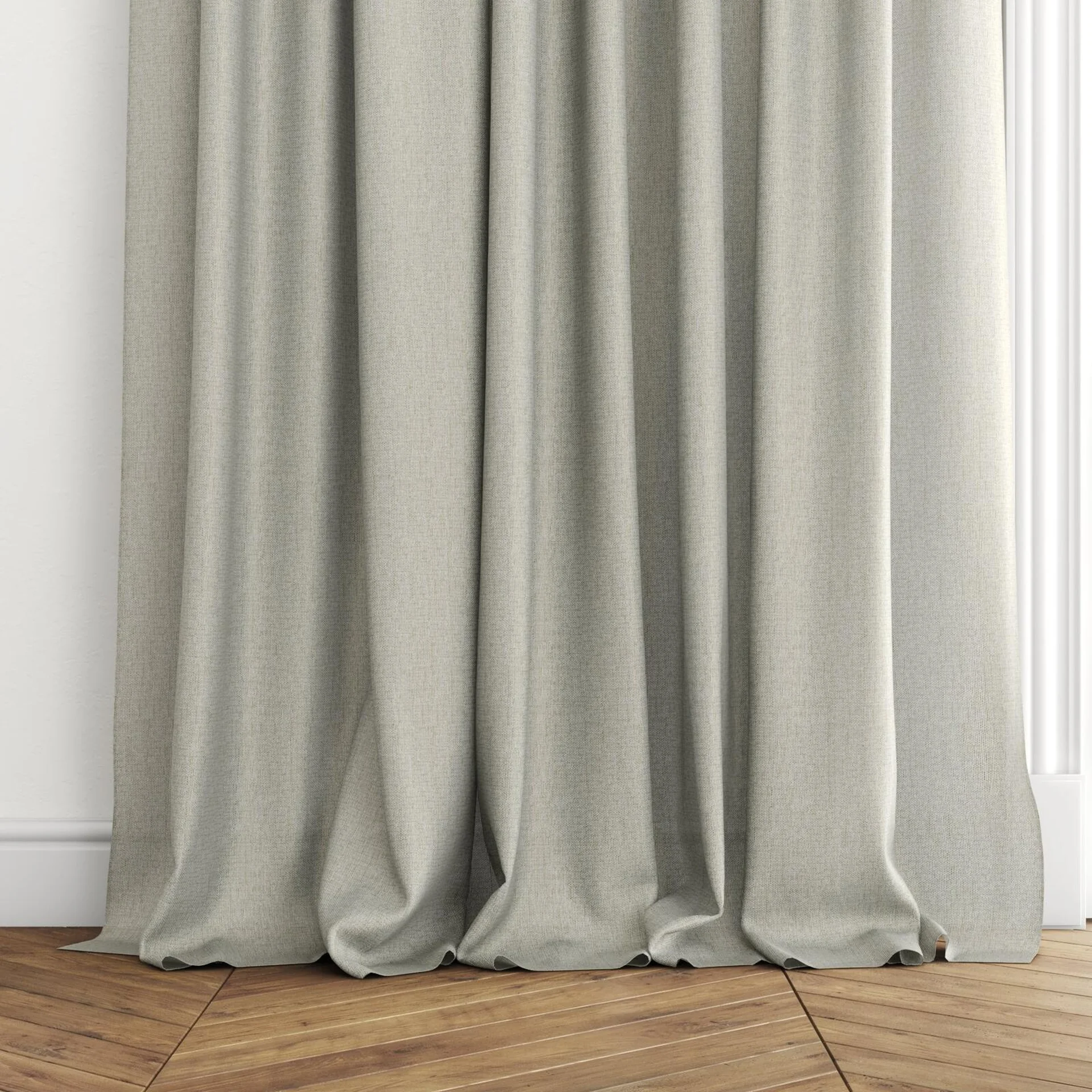 Bottom view of Twister Sage, puddled with pinch pleat, on curtain rod