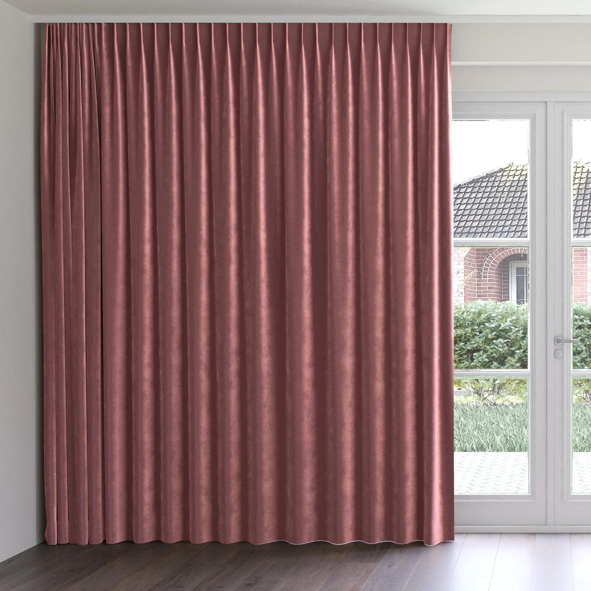 Front view of Velvelux Ruby, on curtain rail
