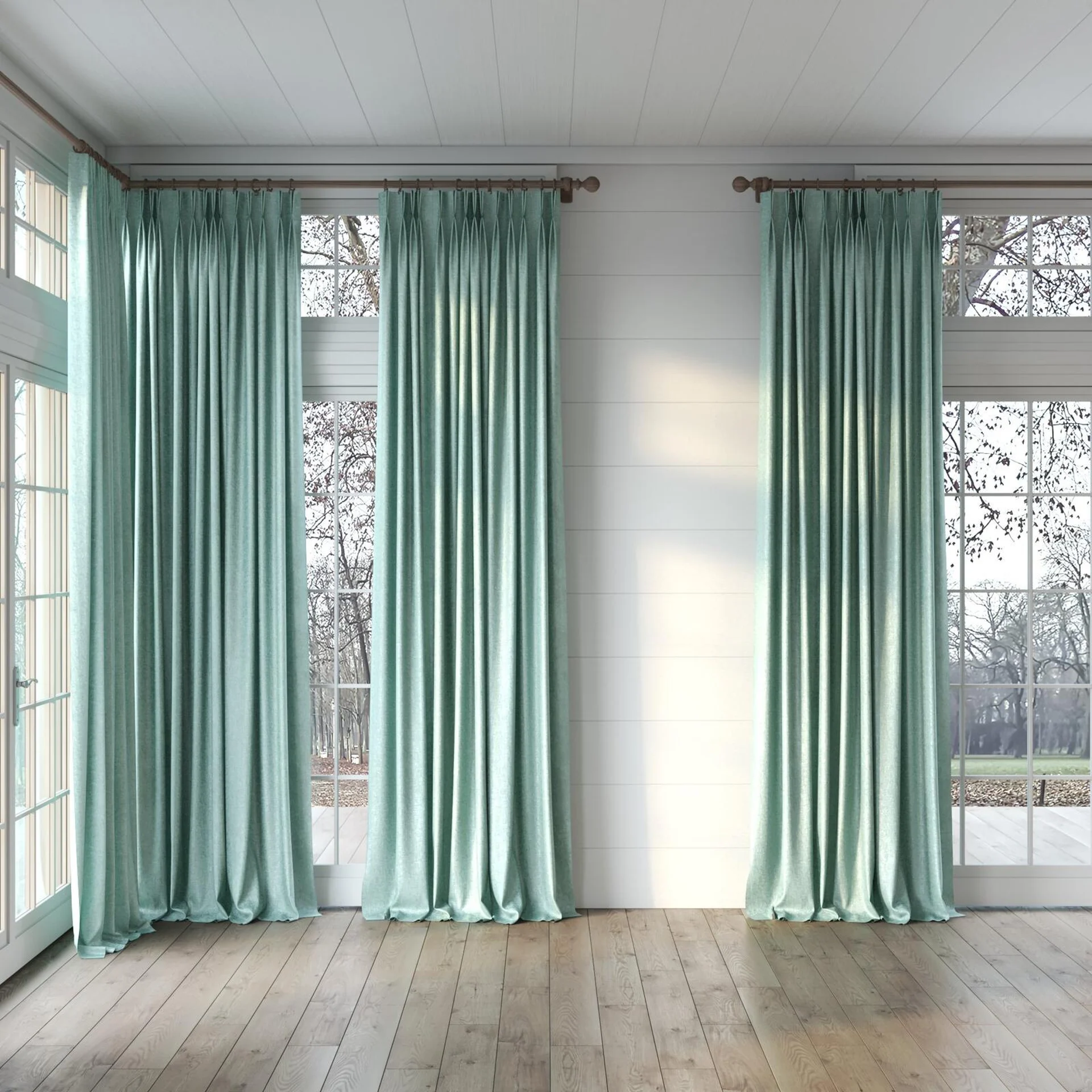 Full view of Hug Porcelain, puddled, on curtain rod