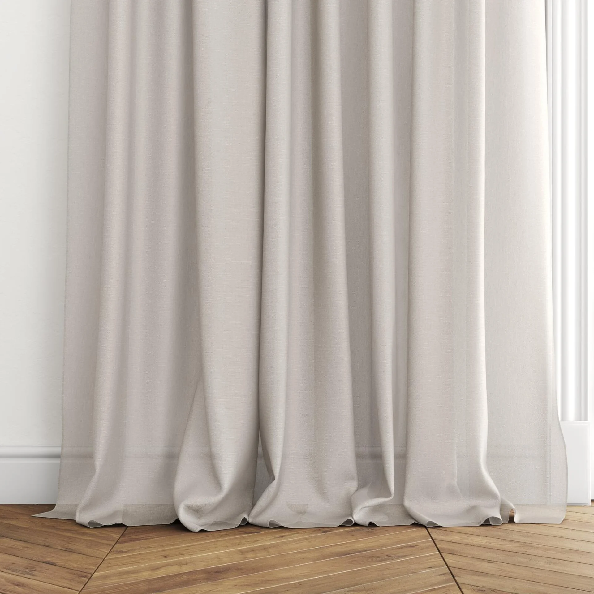 Bottom view of Alcova Chinchilla, puddled with pinch pleat, on curtain rod