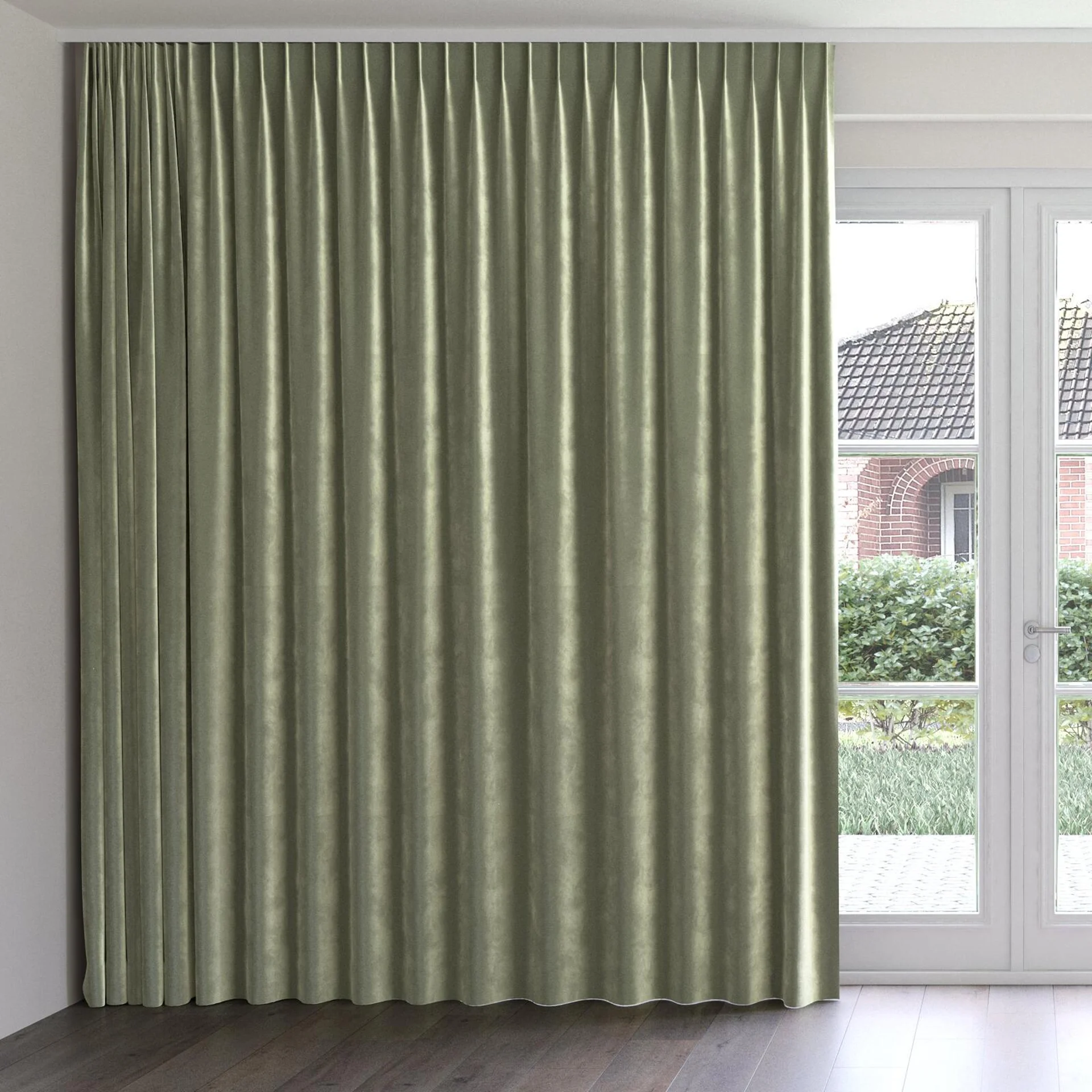 Front view of Velvelux Tarragon, on curtain rail