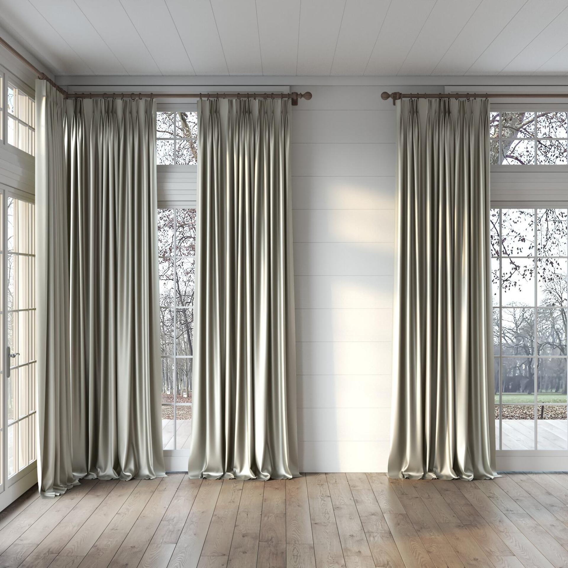 Full view of North Face Linen, puddled, on curtain rod