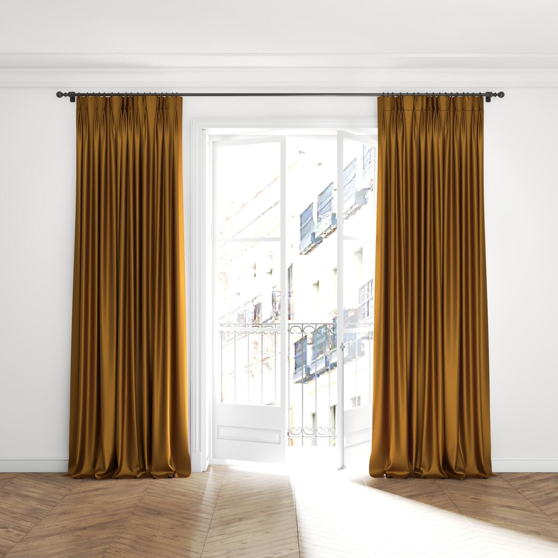 Full view of North Face Gold, puddled with pinch pleat, on curtain rod