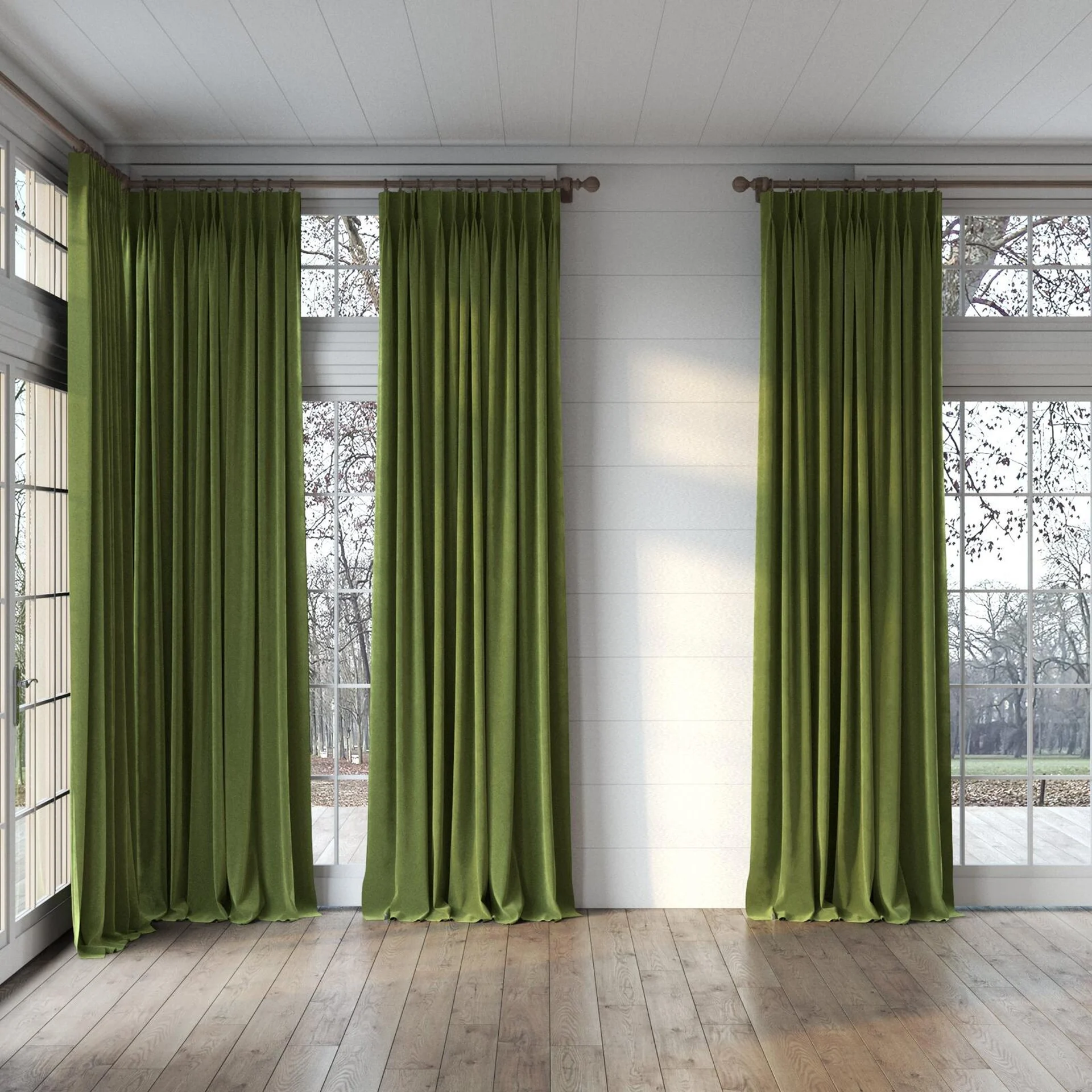Full view of Lux Velvet Olive 8118, puddled, on curtain rod