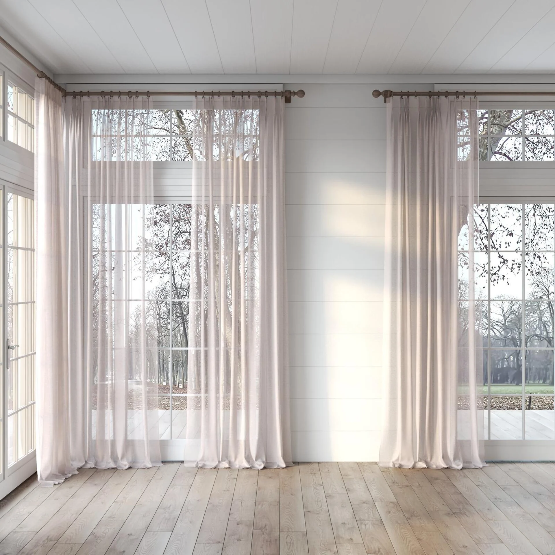 Full view of Locomotion Blush, puddled, on curtain rod