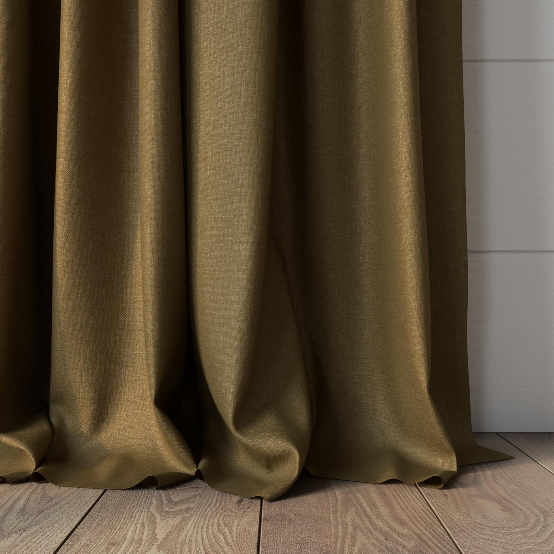 Bottom view of Atelier Ochre, puddled, on curtain rod