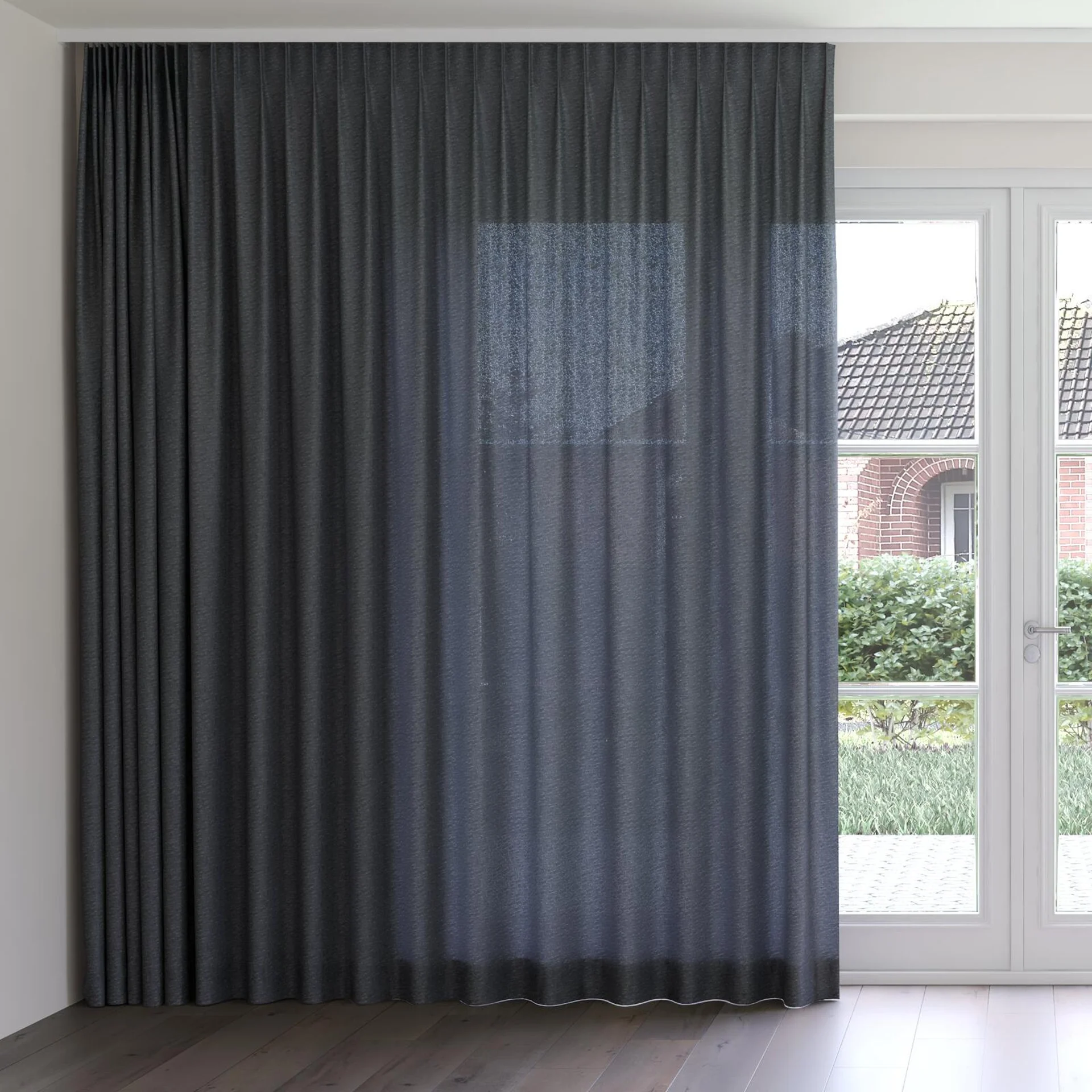 Front view of Metallique Obsidian, on curtain rail