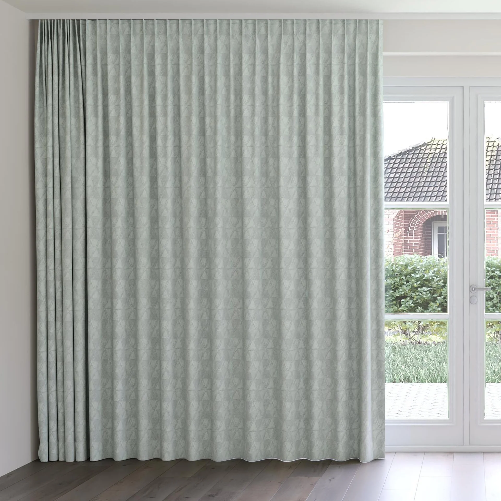 Front view of Handsome Aqua, on curtain rail