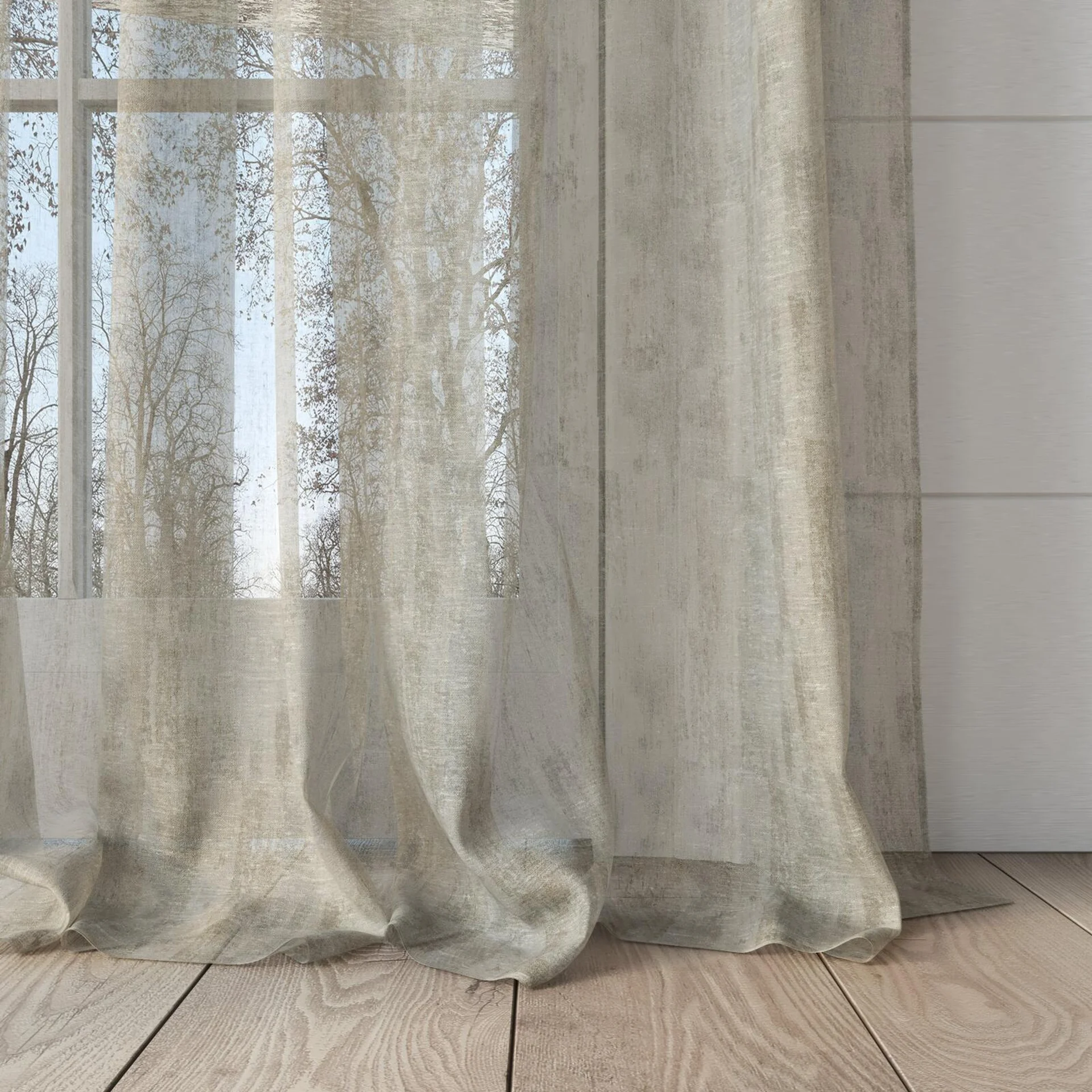 Bottom view of Tellaro Nougat, puddled, on curtain rod