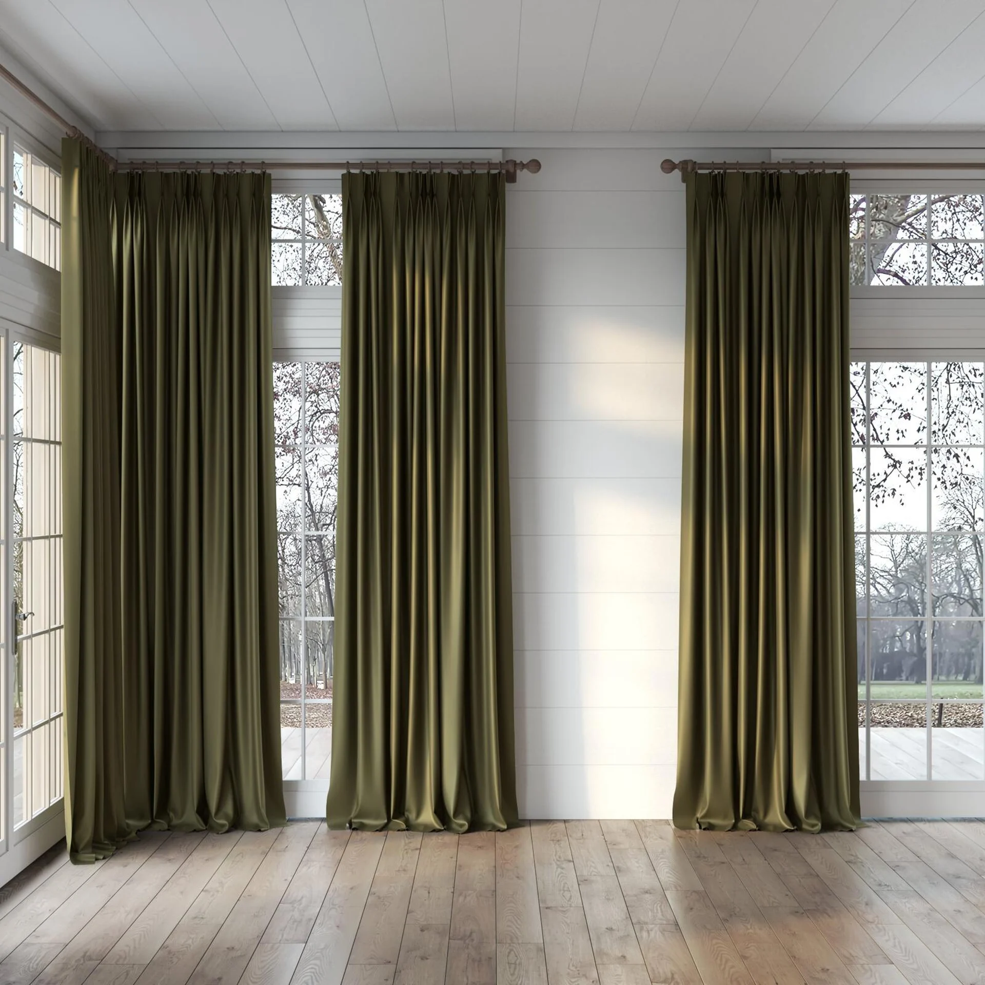 Full view of Sleek Camouflage, puddled, on curtain rod