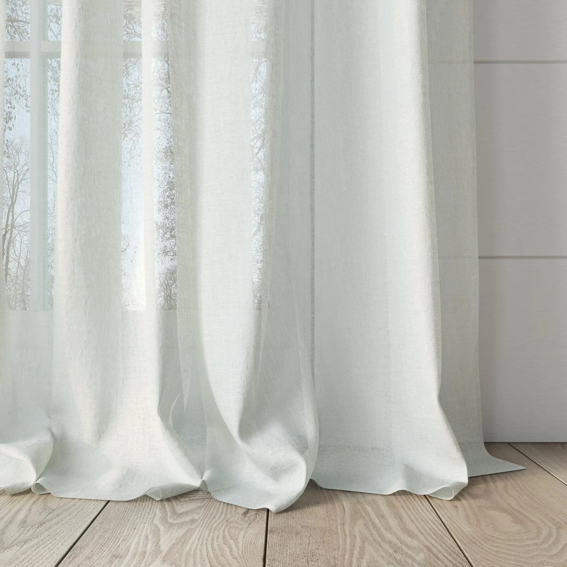 Bottom view of Illusion Champagne, puddled, on curtain rod